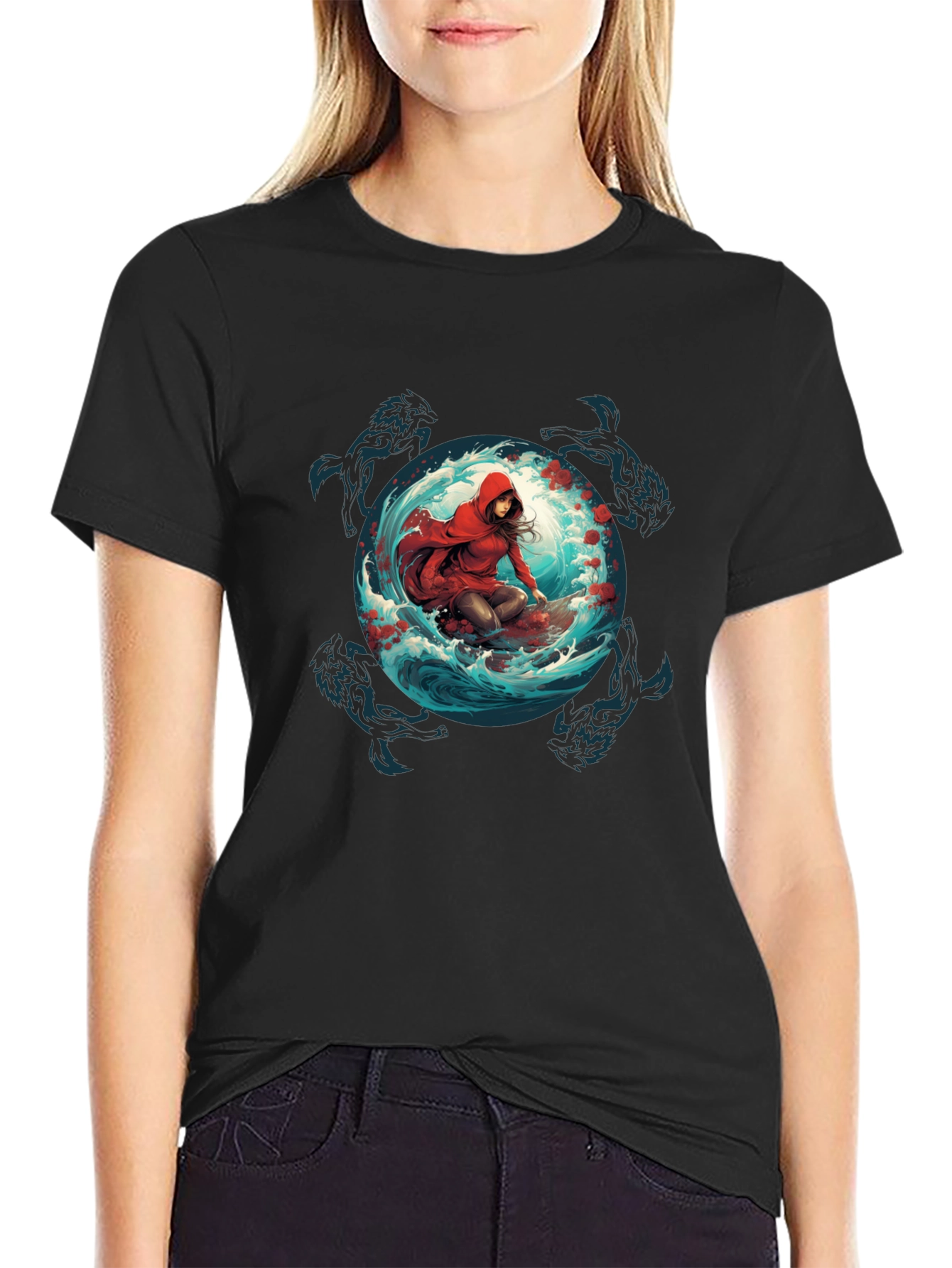 Black Red Riding Hood Wolves T-Shirt - Unique Graphic Tee view 2