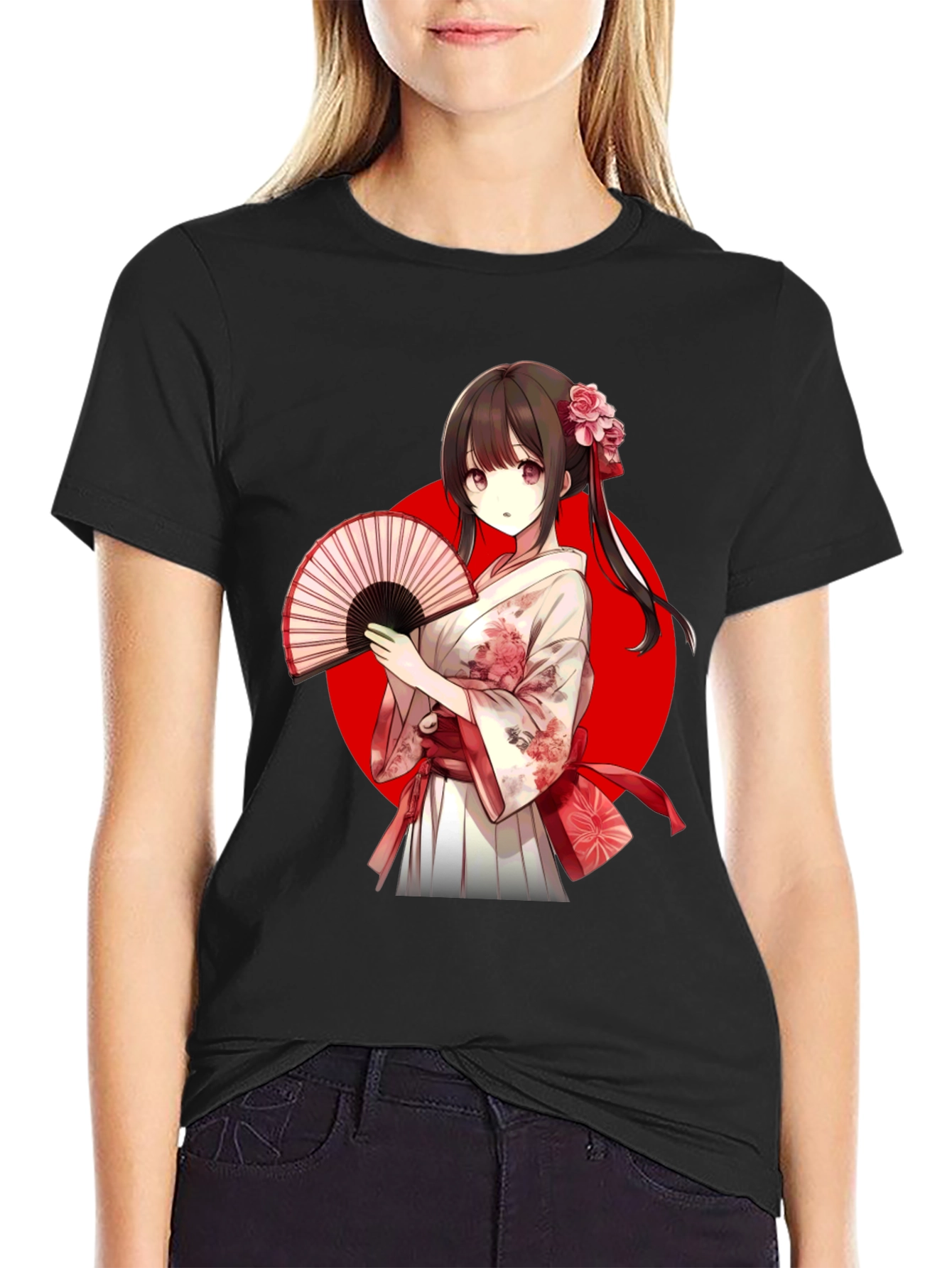 Black Anime Girl Kimono T-Shirt view 2