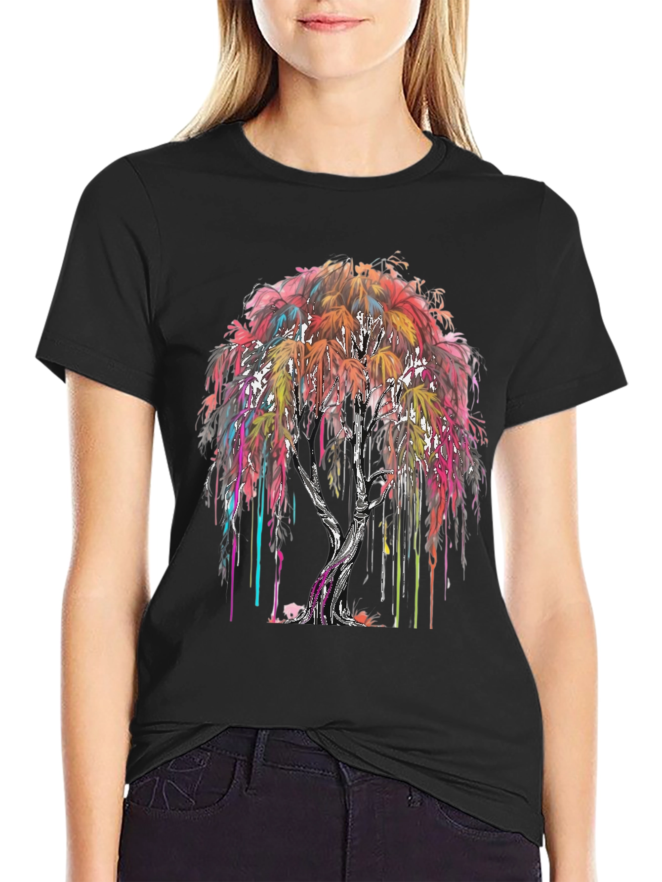Black Colorful Drip Tree Graphic T-Shirt view 2