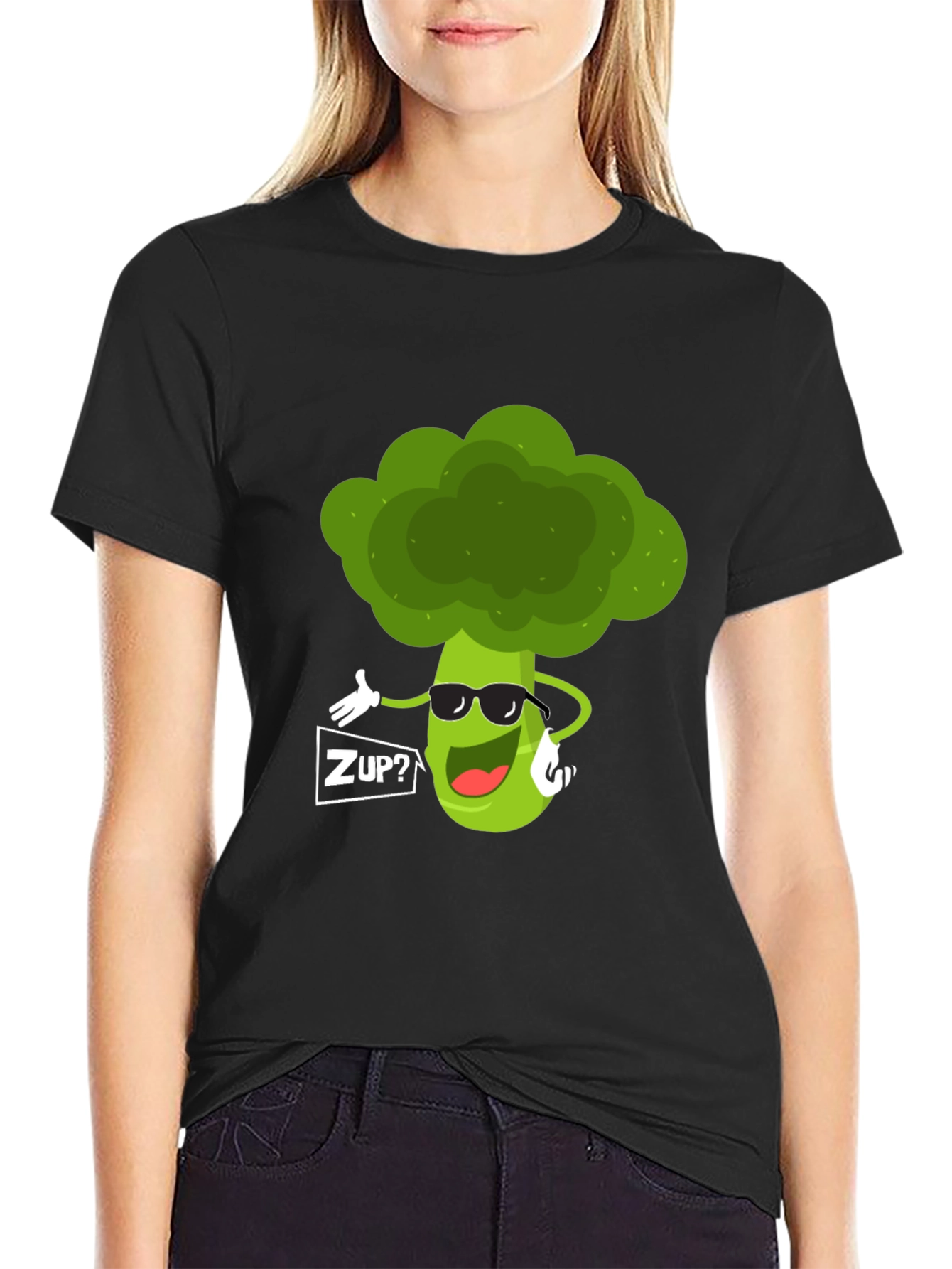 Black Funny Broccoli Graphic T-Shirt - "ZUP?" Design view 2