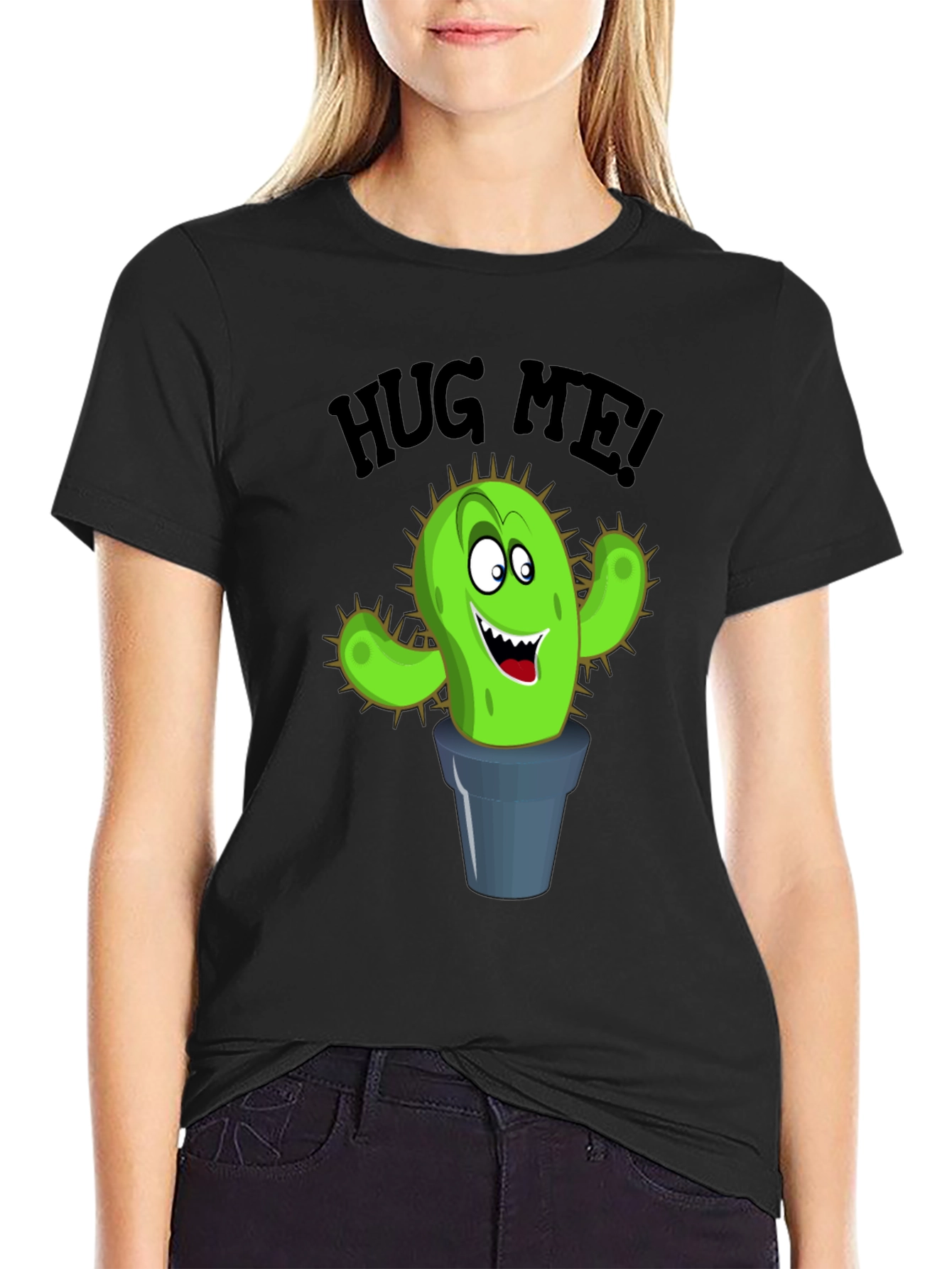 Black Hug Me Cactus Graphic T-Shirt - Funny Novelty Tee view 2