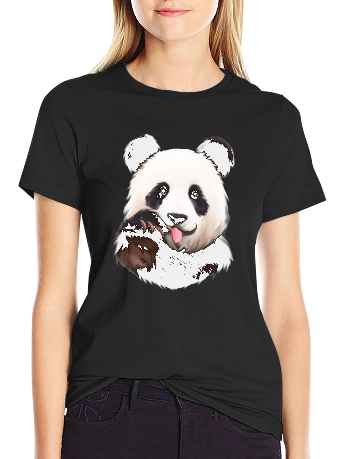 Black Cute Panda T-Shirt - Black Cotton Tee view 2