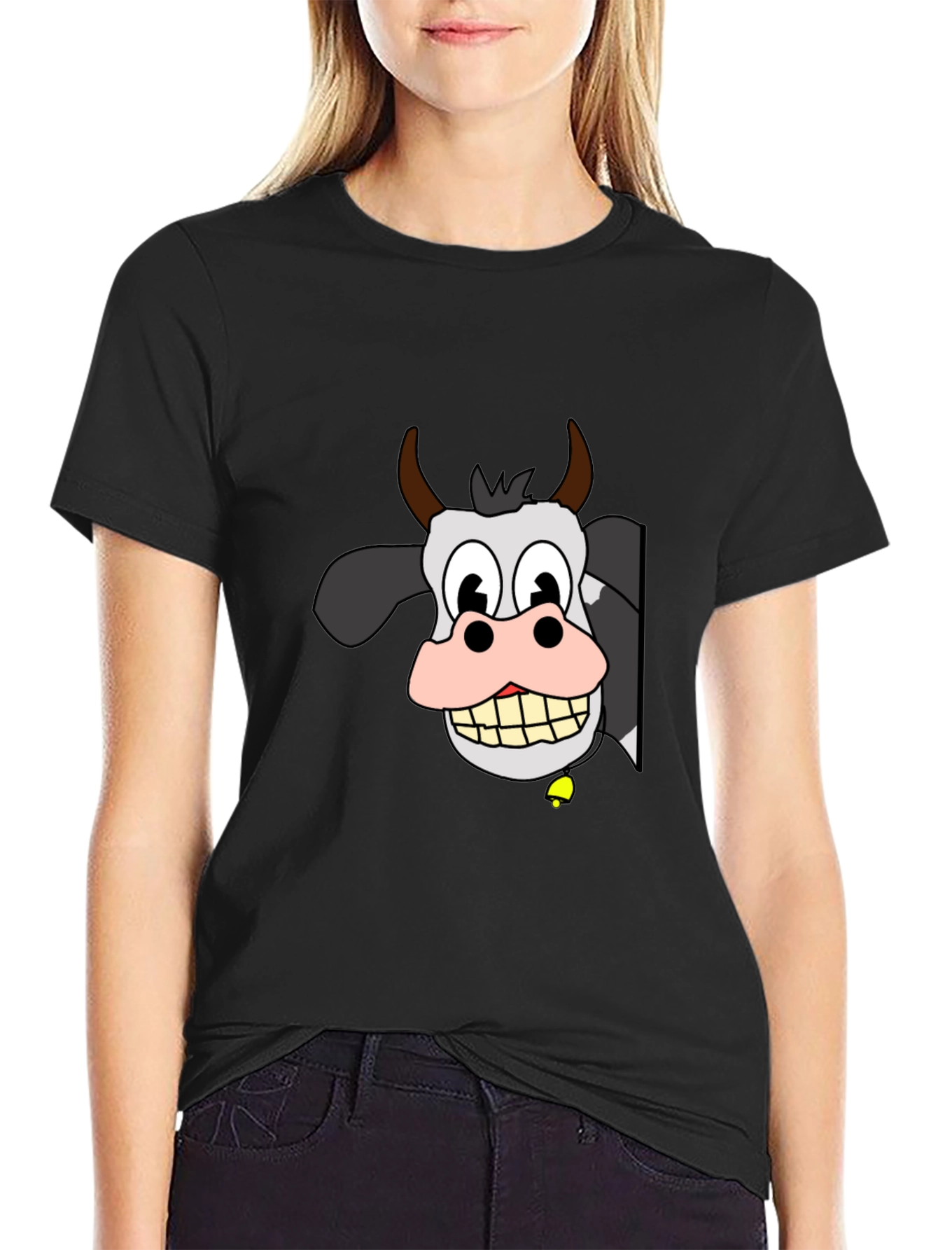 Black Funny Cow Cartoon Black T-Shirt view 2