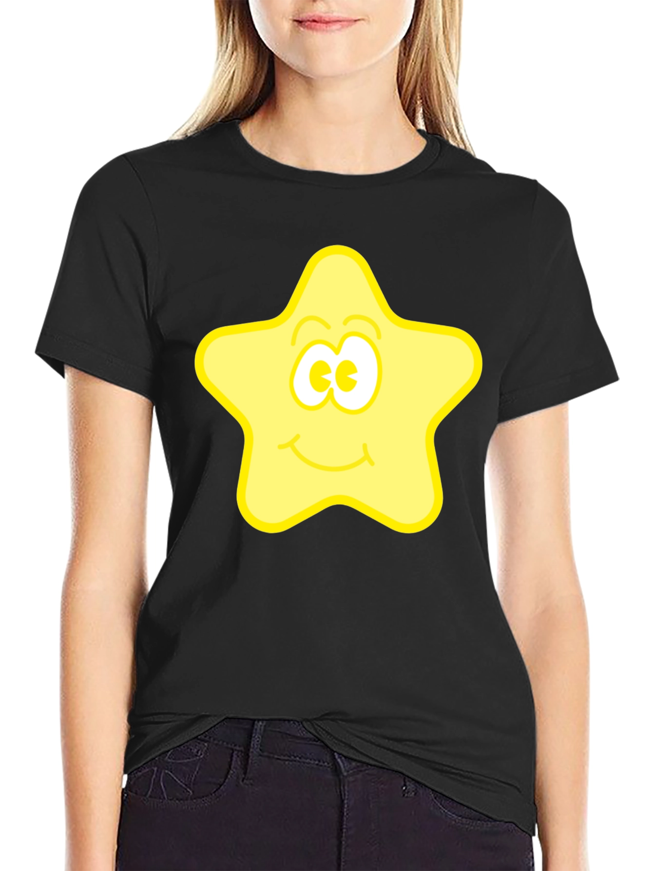 Black Happy Star Graphic Black T-Shirt view 2