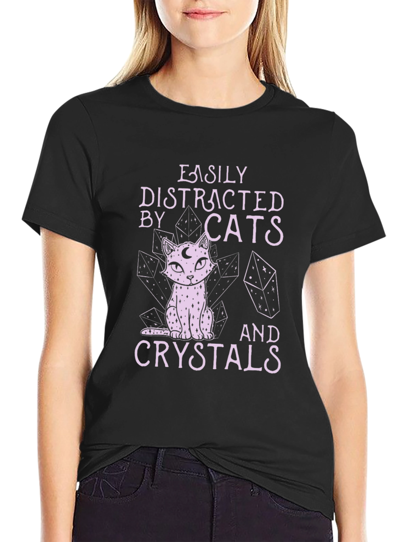 Black Easily Distracted by Cats and Crystals T-Shirt view 2
