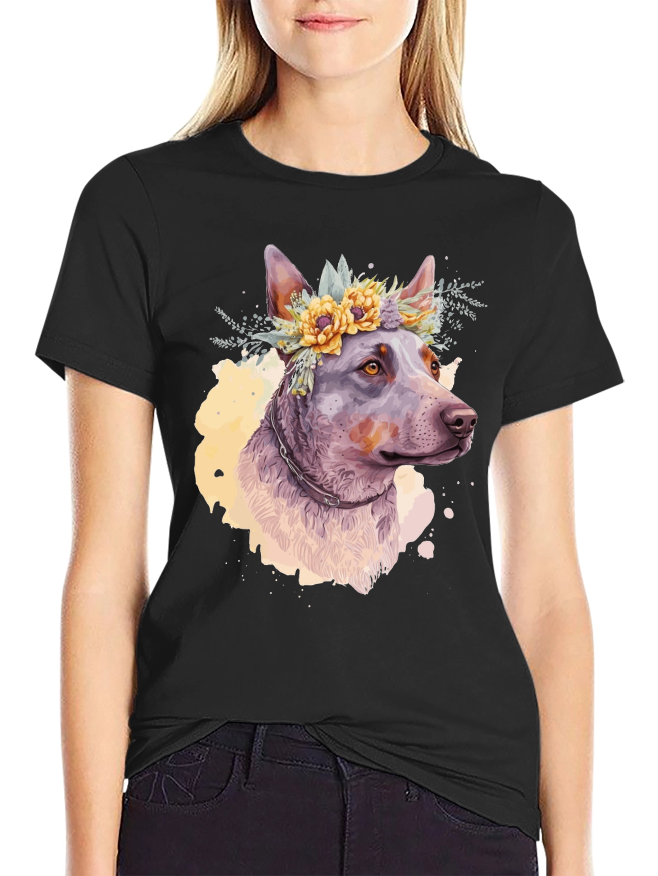 Black Dog with Flower Crown Graphic Tee - Artistic Pet Lover Shirt view 2