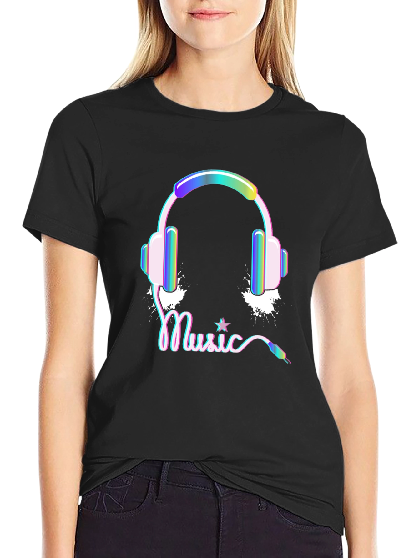 Black Music Headphones Graphic Print Black Tee Shirt view 2