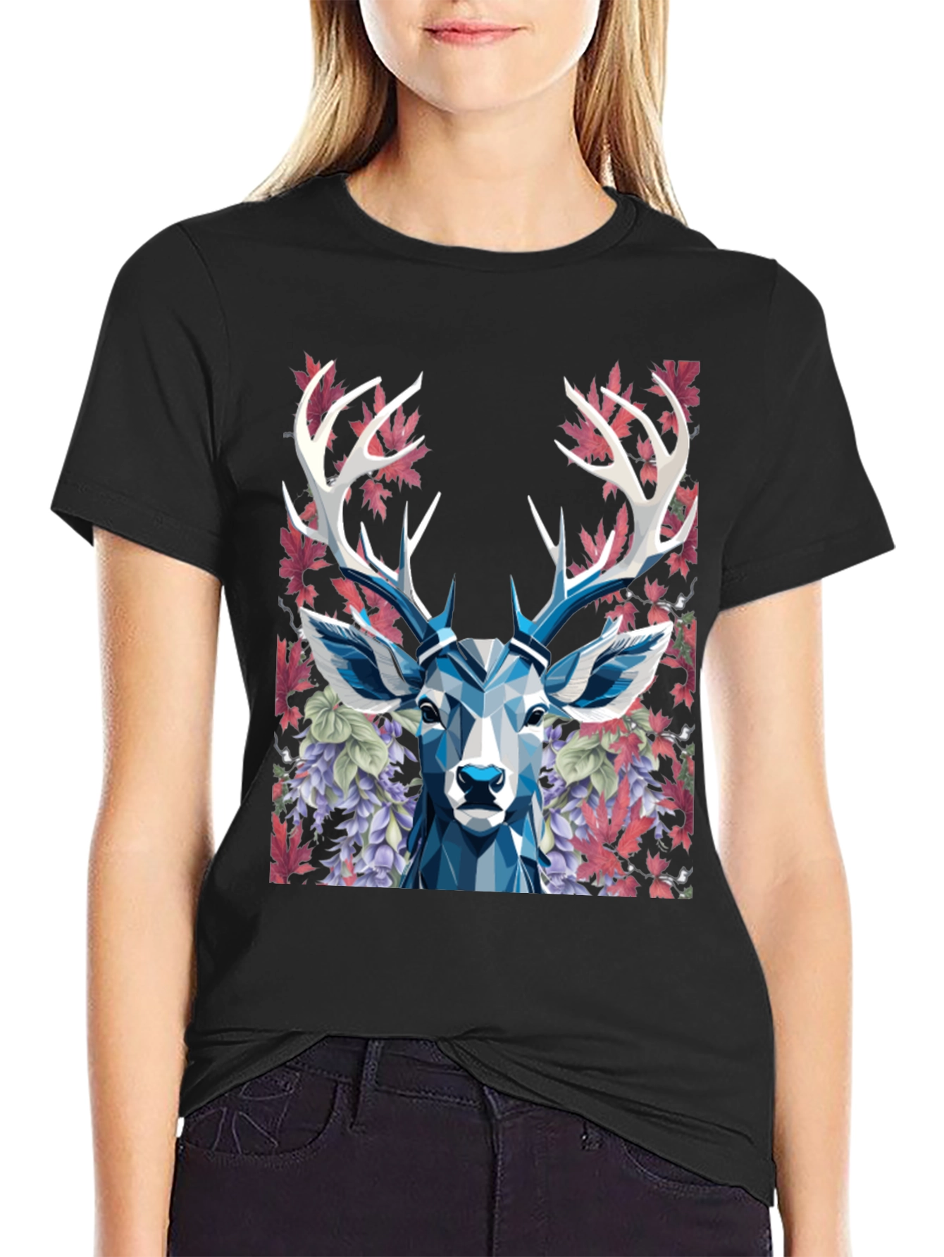Black Geometric Deer Floral Graphic T-Shirt view 2