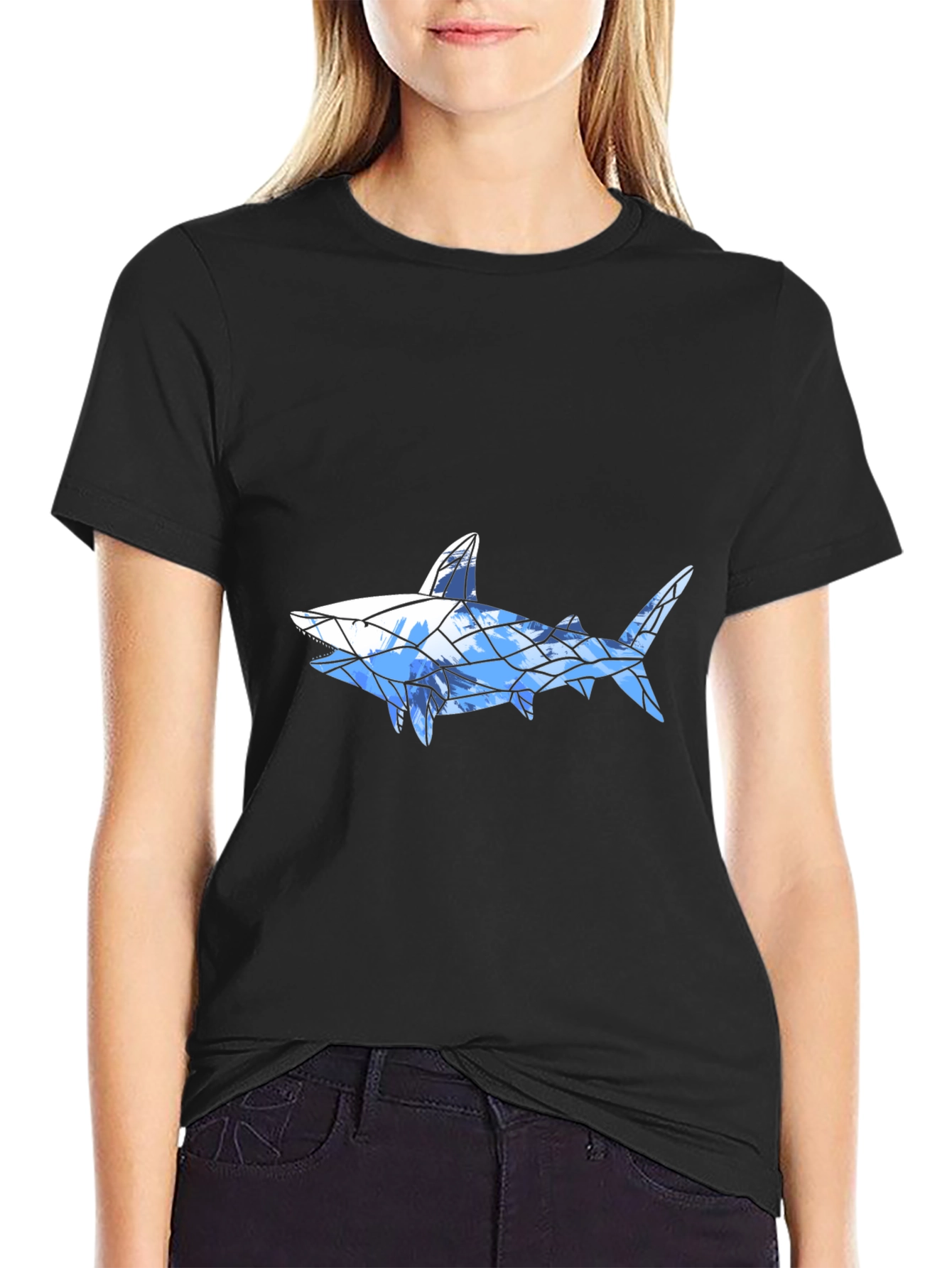 Black Geometric Shark Graphic Tee - Black Cotton Blend view 2