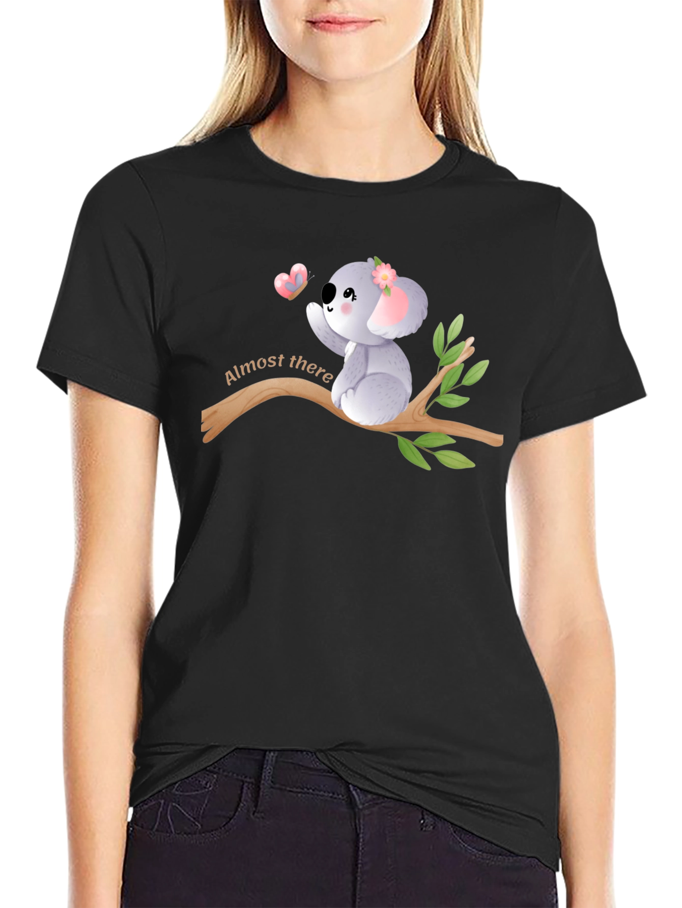 Black Cute Koala 'Almost There' Black Graphic T-Shirt view 2