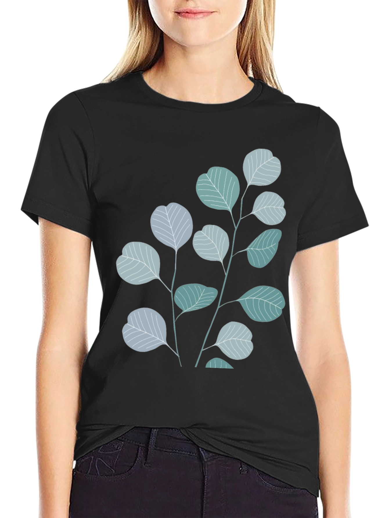Black Botanical Leaves Graphic Tee - Black Cotton Blend view 2
