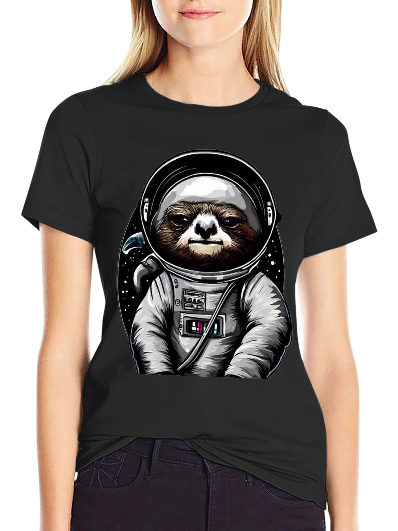 Black Sloth Astronaut Graphic Tee - Space Sloth T-Shirt view 2