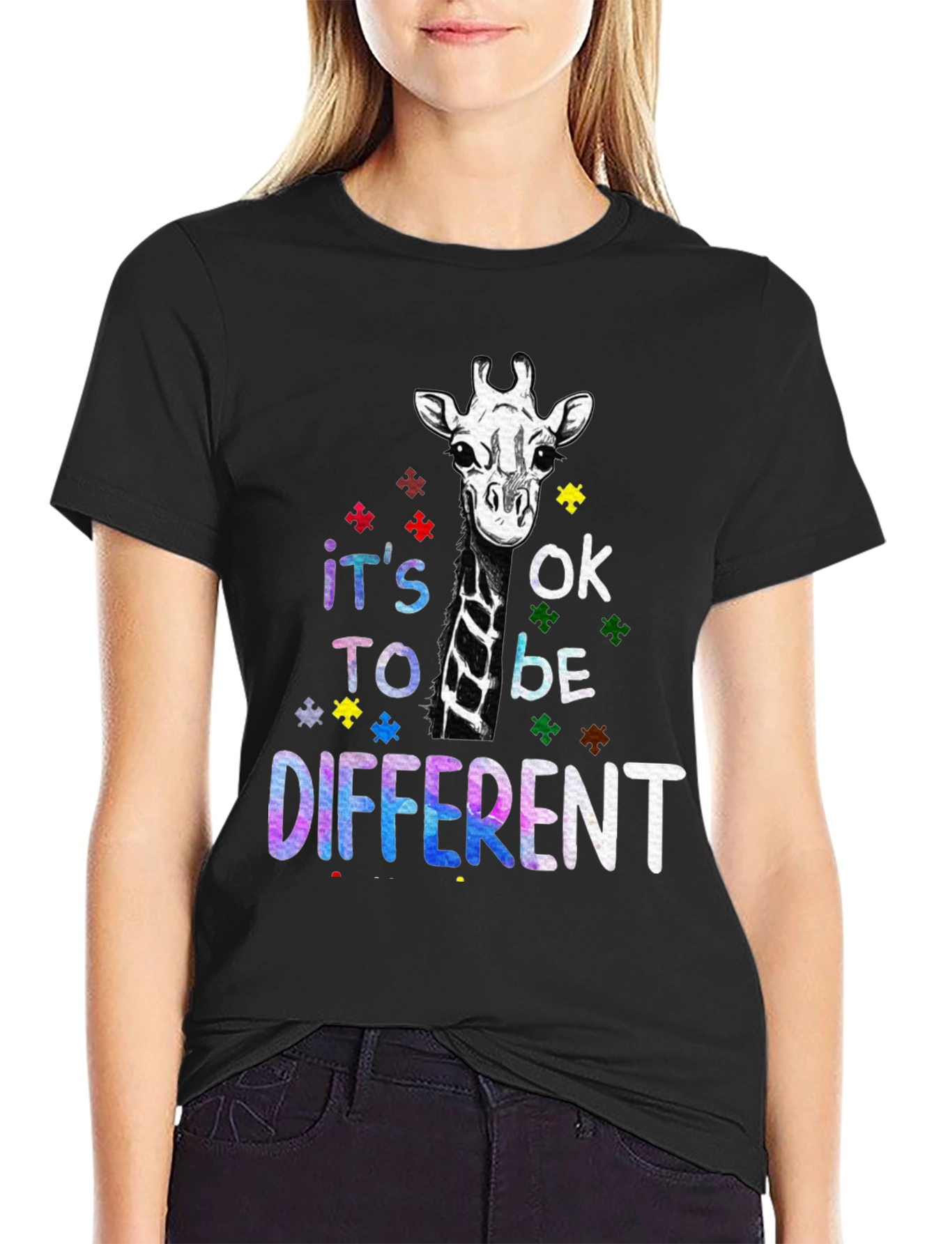 Black Autism Awareness Giraffe T-Shirt - It's OK to be Different view 2