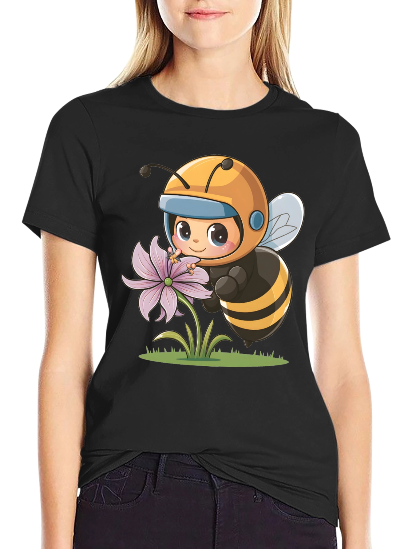 Black Cute Bee & Flower Graphic Tee view 2