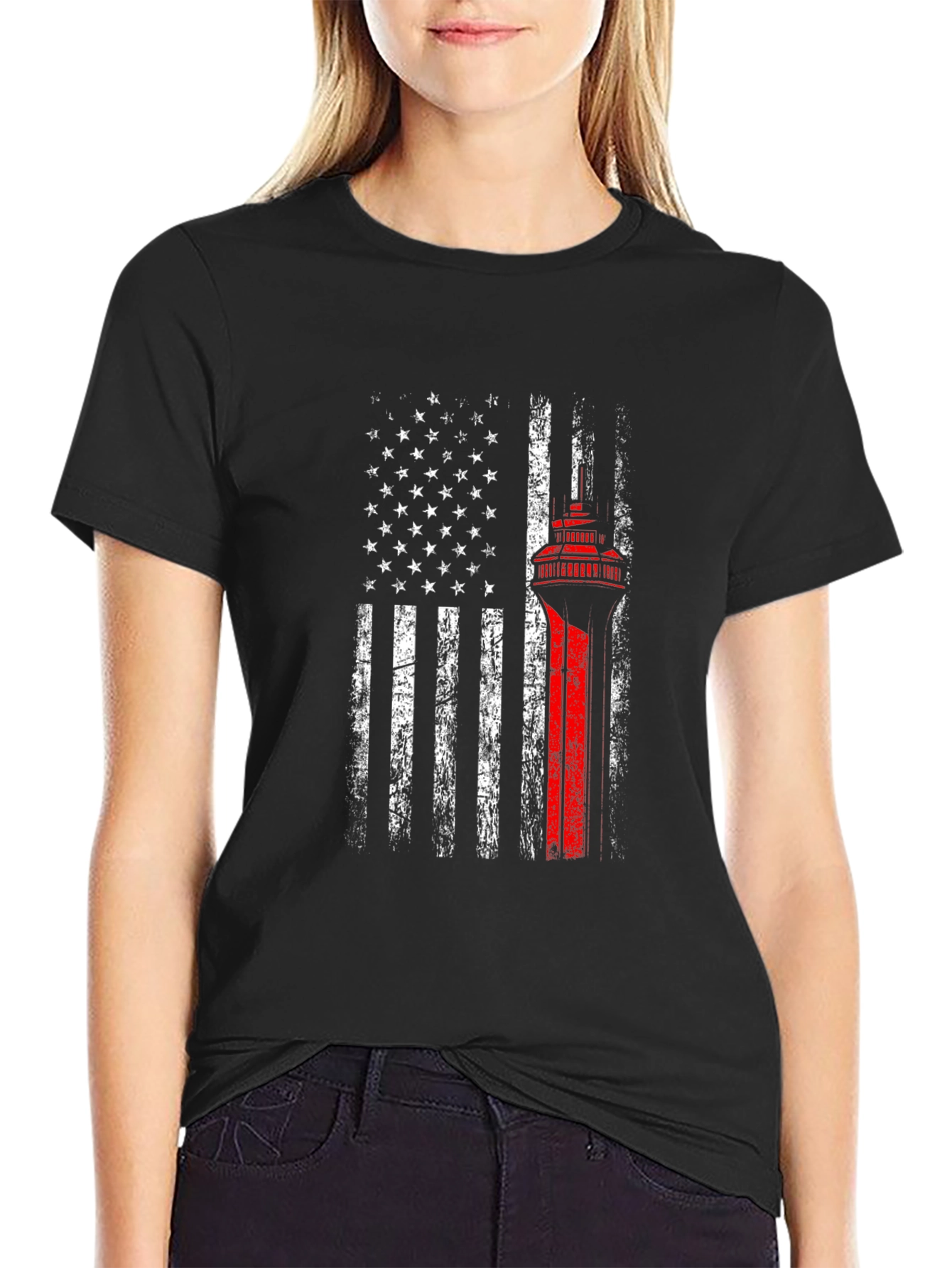 Black American Flag Space Needle Patriotic T-Shirt view 2