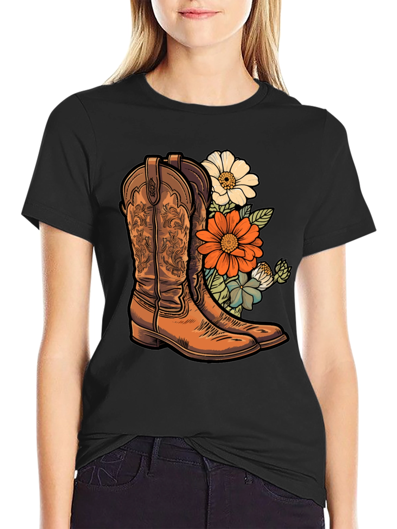 Black Cowboy Boots & Floral T-Shirt - Western Style Tee view 2