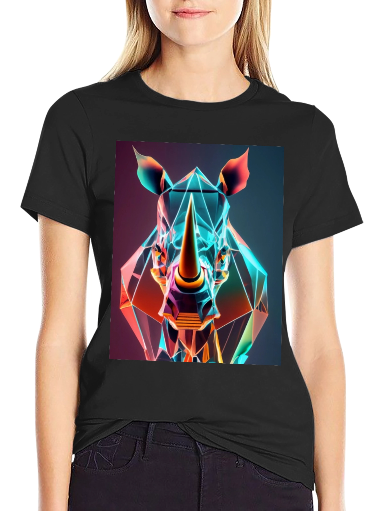 Black Geometric Rhino Graphic Tee - Modern Animal Art view 2