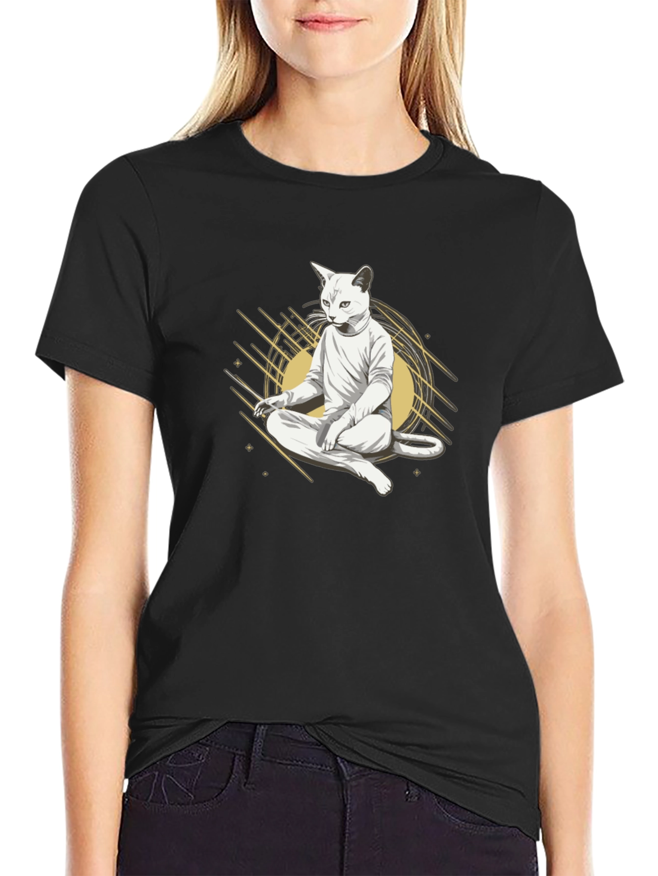 Black Zen Cat Meditation T-Shirt - Black Cotton Tee view 2