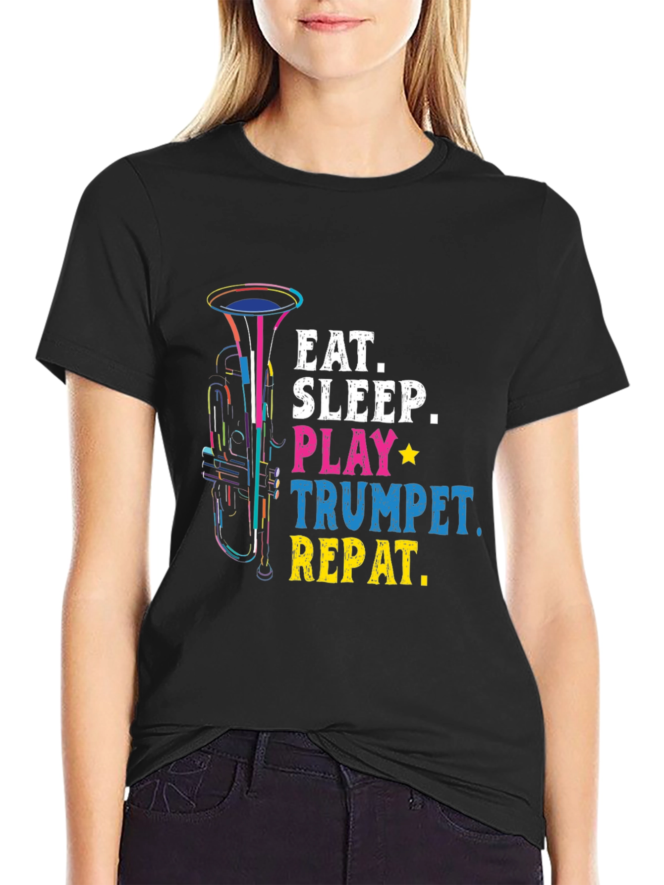 Black Eat Sleep Play Trumpet Repeat T-Shirt Music Lover Gift view 2