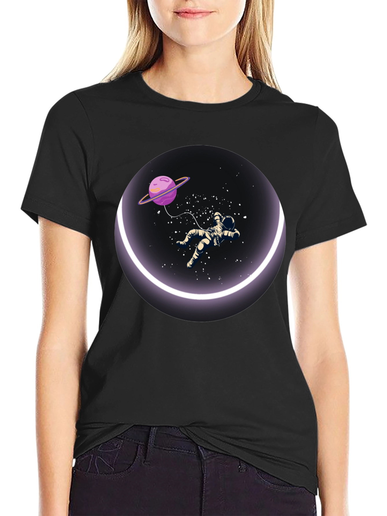 Black Astronaut in Space T-Shirt - Round Design view 2