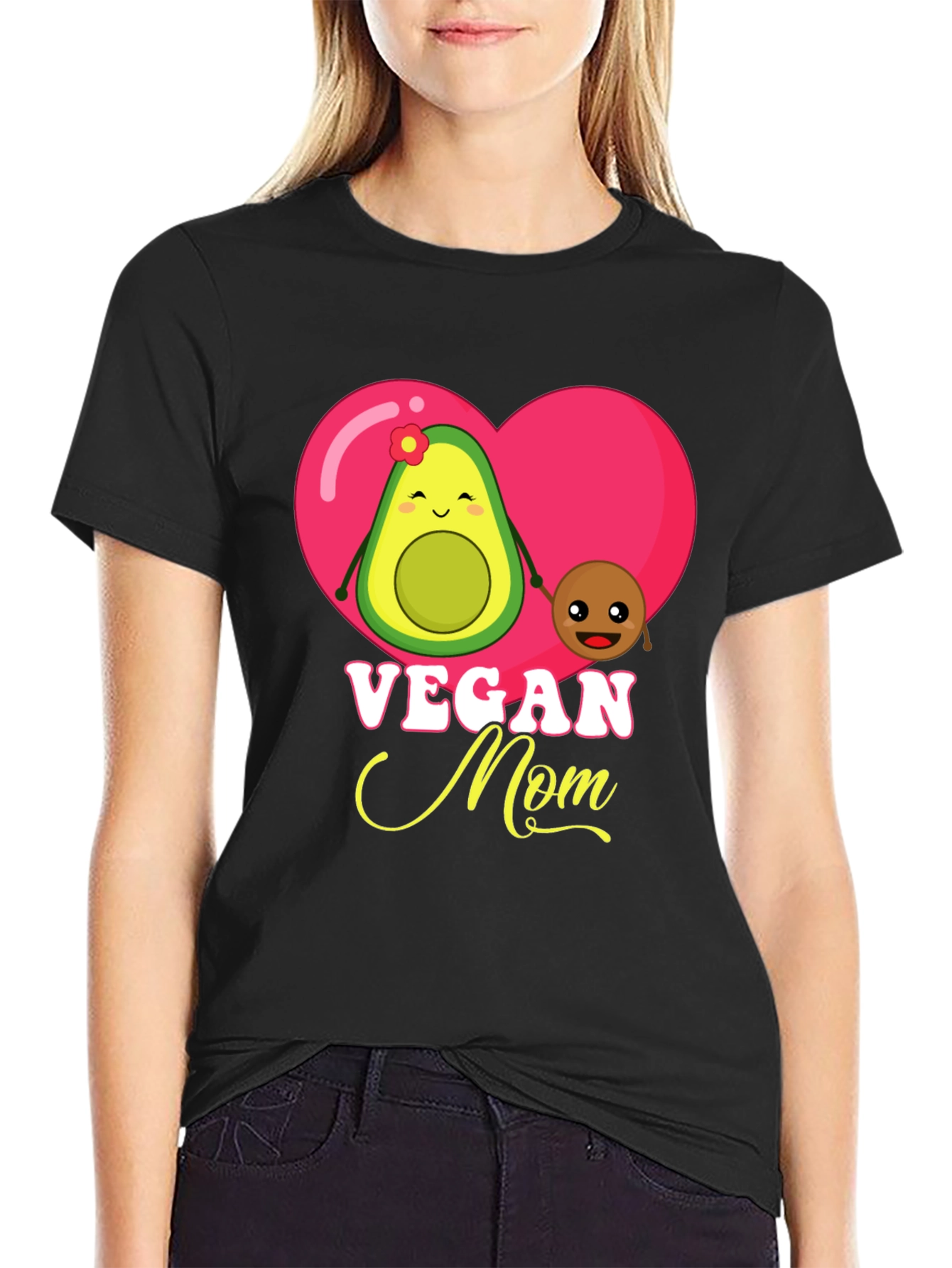 Black Vegan Mom Graphic T-Shirt Cute Avocado and Pit Design view 2