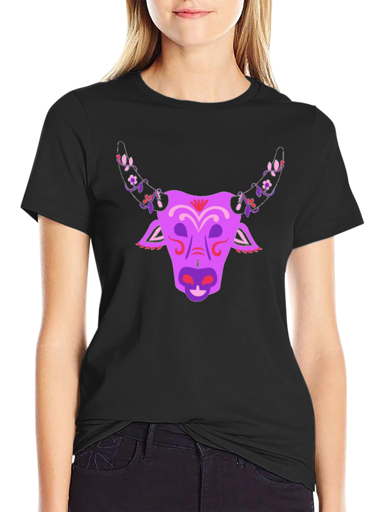 Black Floral Bull Graphic T-Shirt - Unique Design view 2