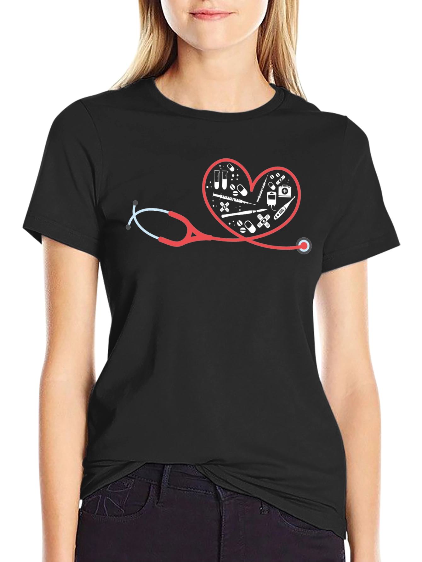Black Healthcare Heartbeat Graphic T-Shirt view 2