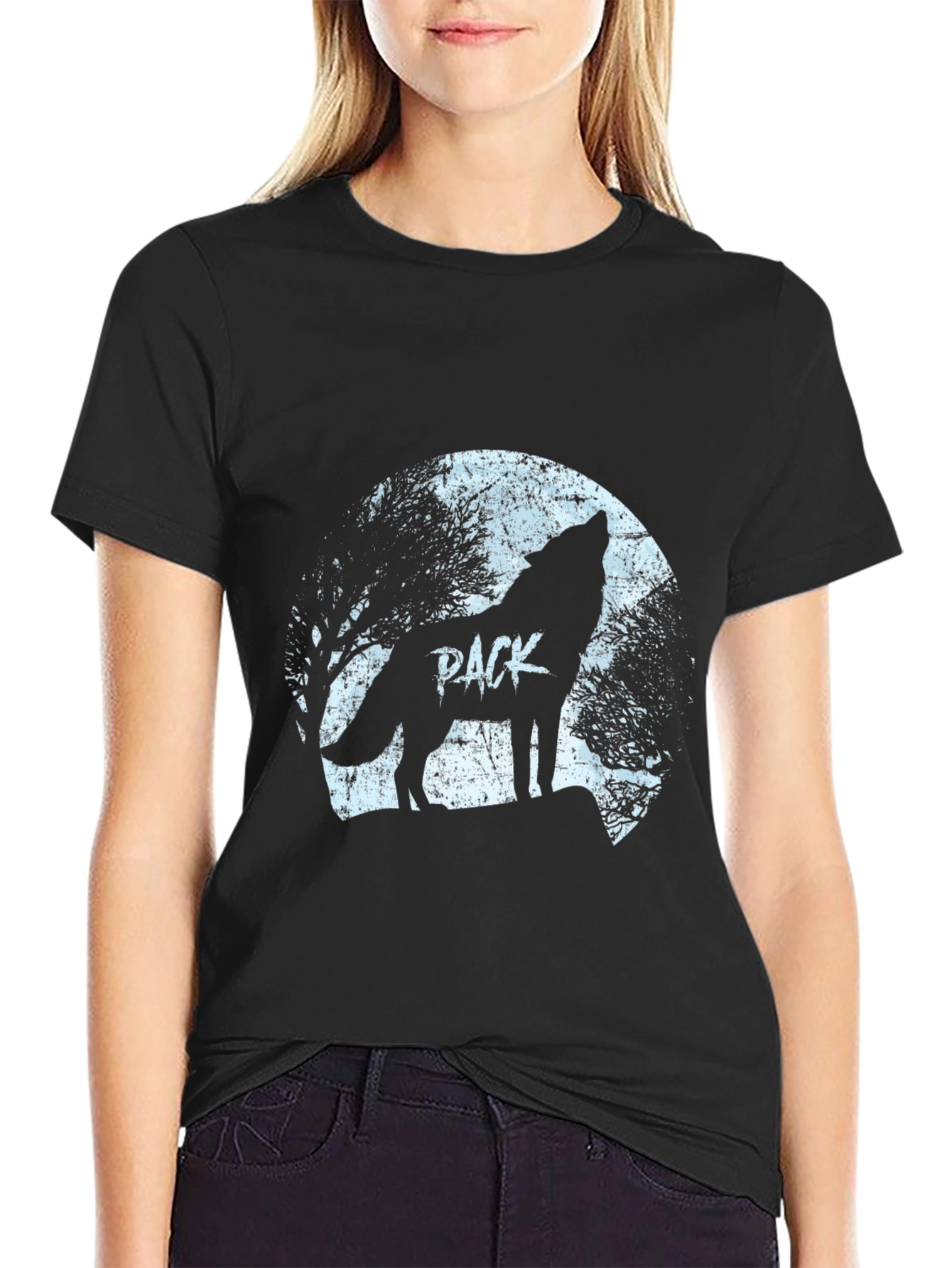 Black Wolf Pack Moon Graphic T-Shirt - Black view 2