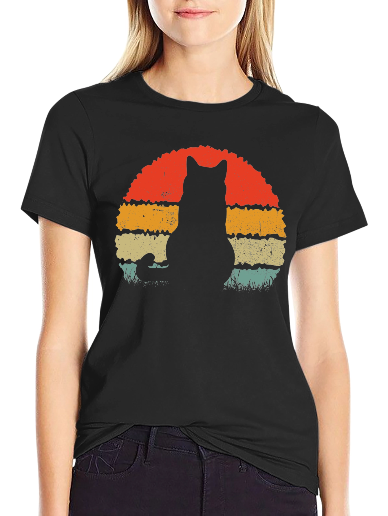 Black Retro Cat Silhouette T-Shirt view 2