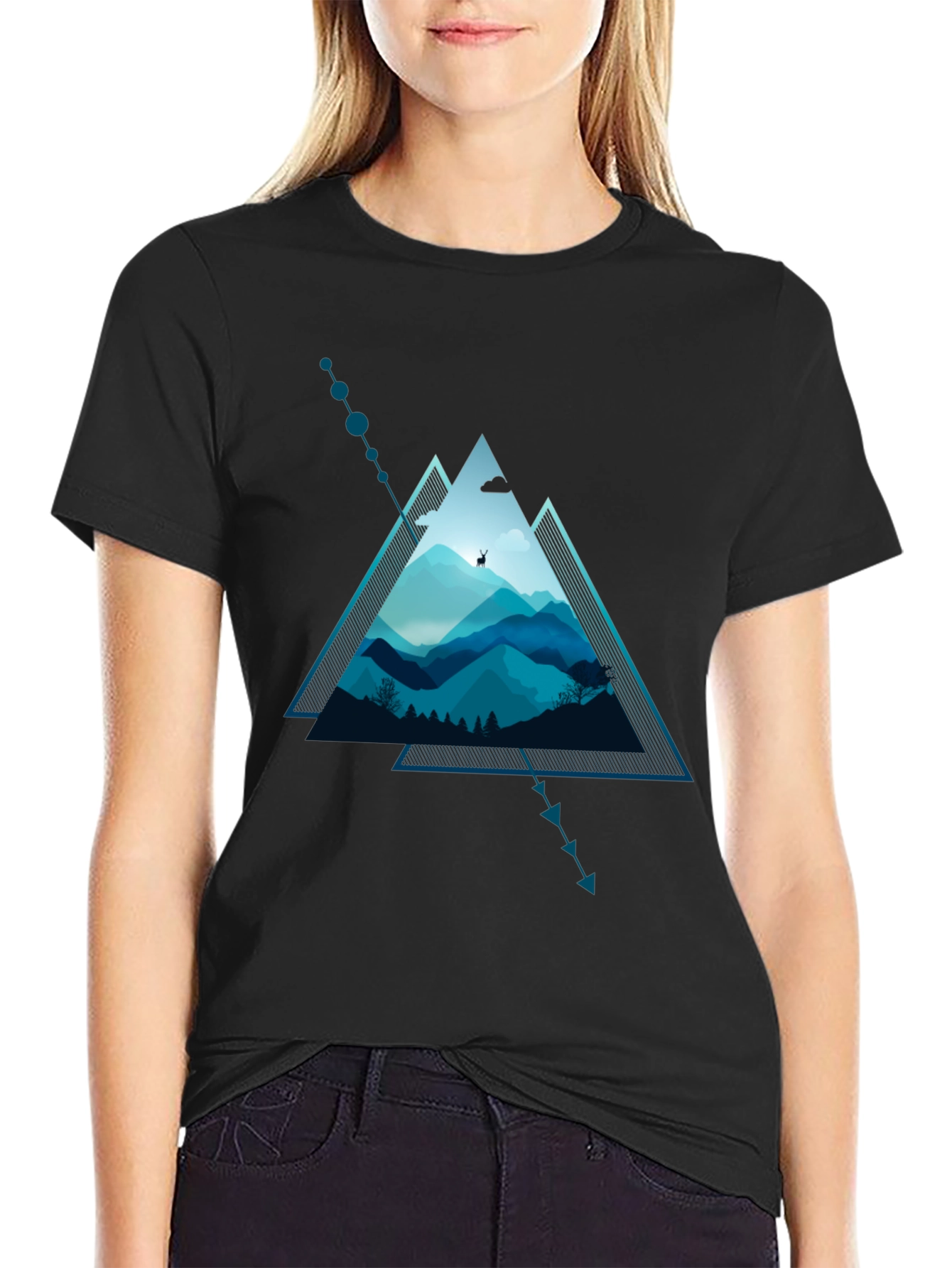 Black Geometric Mountain Scene Graphic T-Shirt view 2