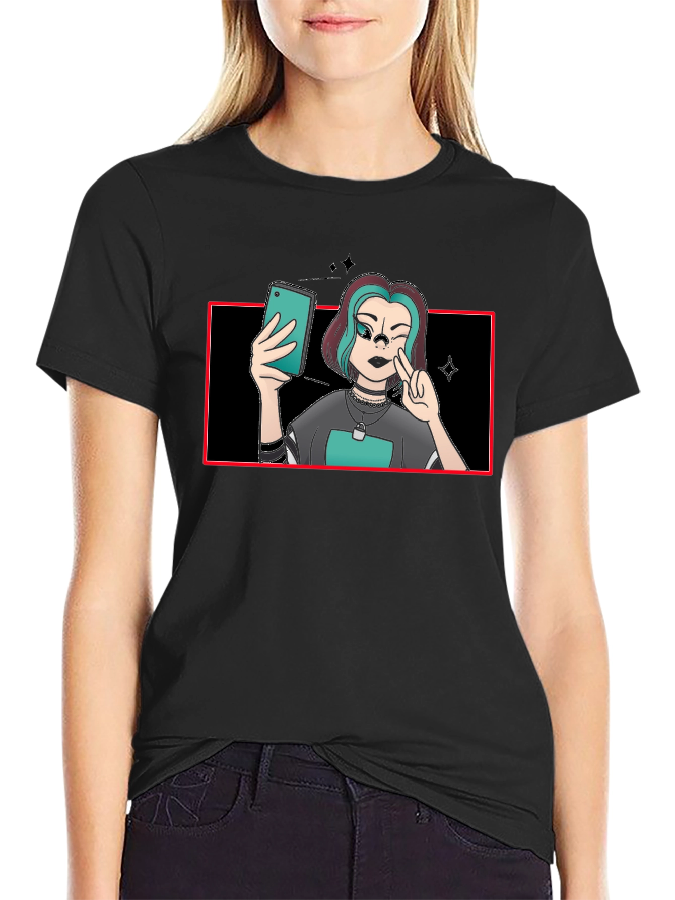 Black Cartoon Selfie Graphic Tee - Black Cotton Blend view 2