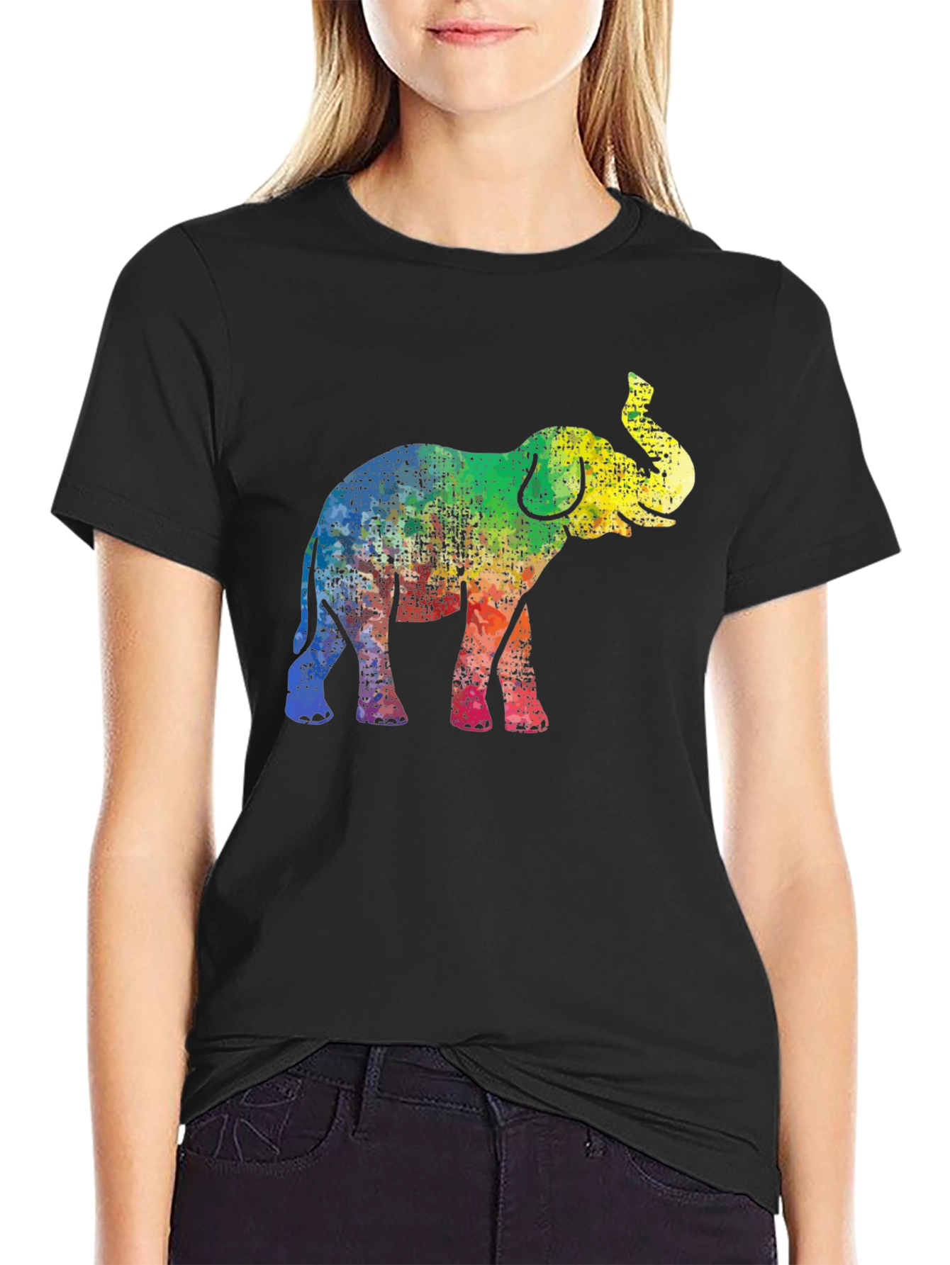 Black Rainbow Elephant Graphic Tee - Black Cotton T-Shirt view 2
