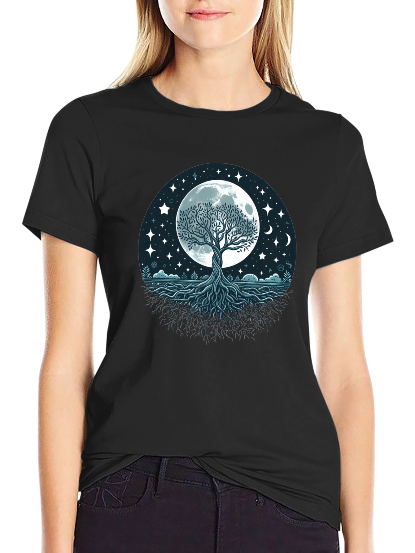 Black Mystic Tree of Life Moon Graphic Tee - Black Cotton Shirt view 2