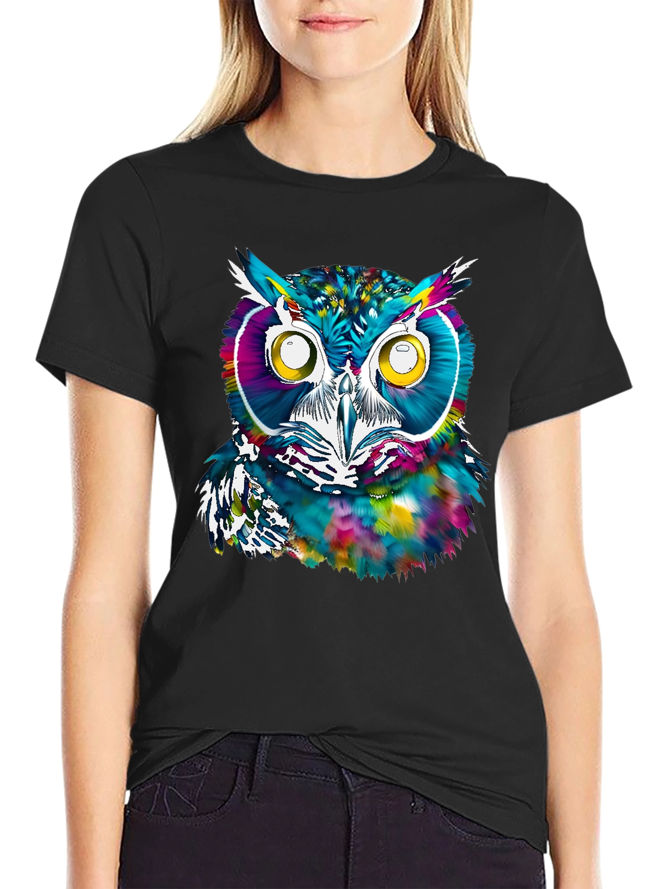 Black Colorful Owl Graphic Print T-Shirt view 2
