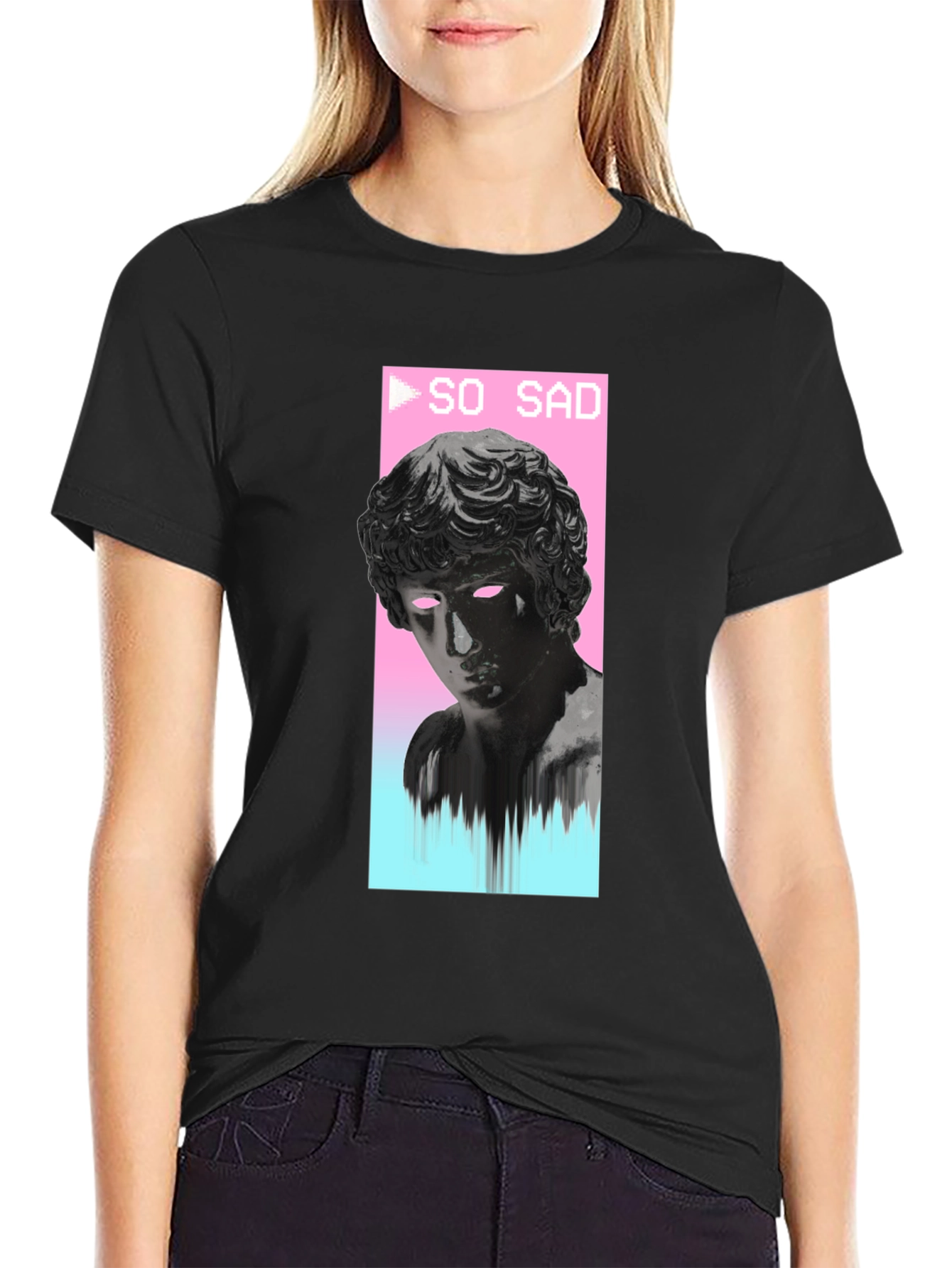 Black So Sad Vaporwave Aesthetic Black T-Shirt view 2