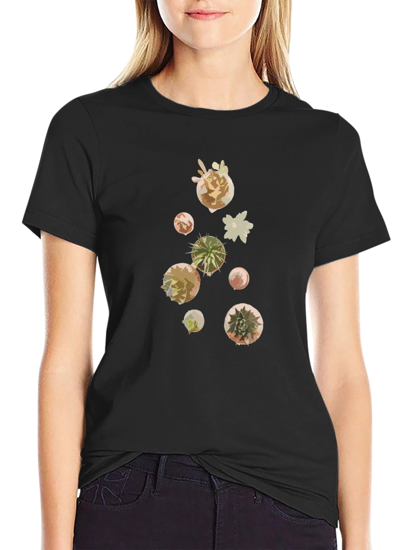 Black Modern Succulent Print Black T-Shirt view 2