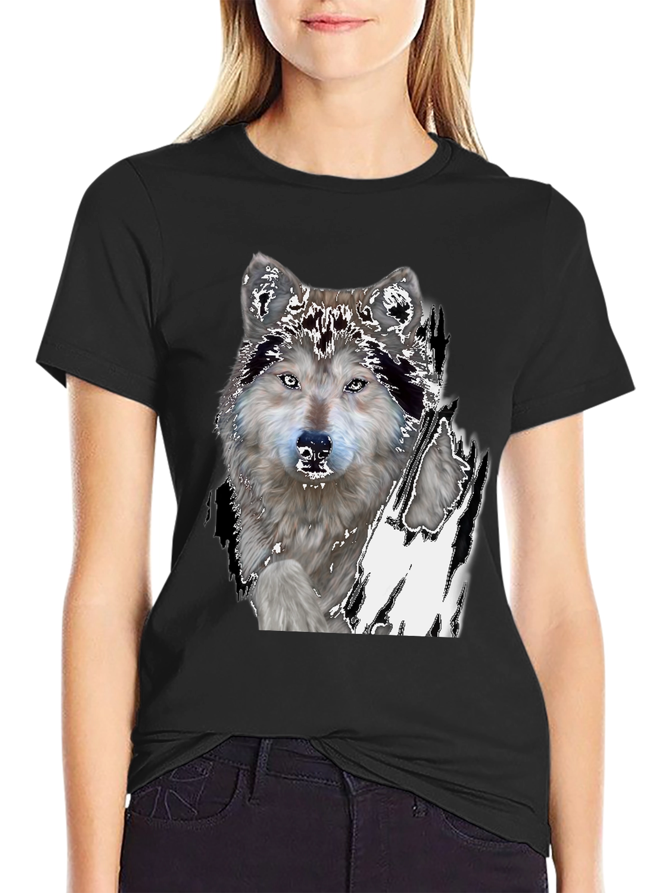 Black Wolf Graphic Print Black T-Shirt view 2