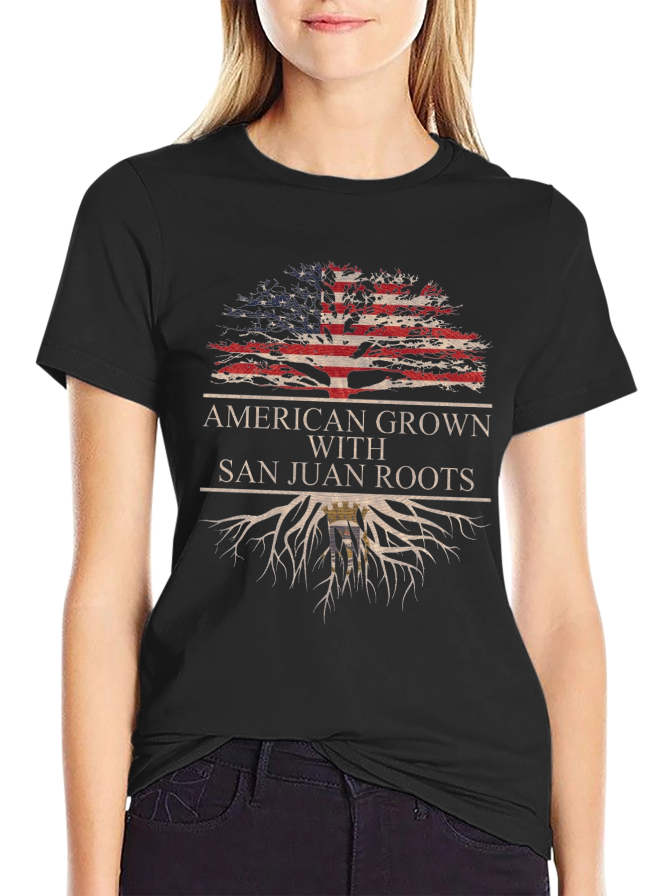 Black American Grown with San Juan Roots Graphic T-Shirt view 2