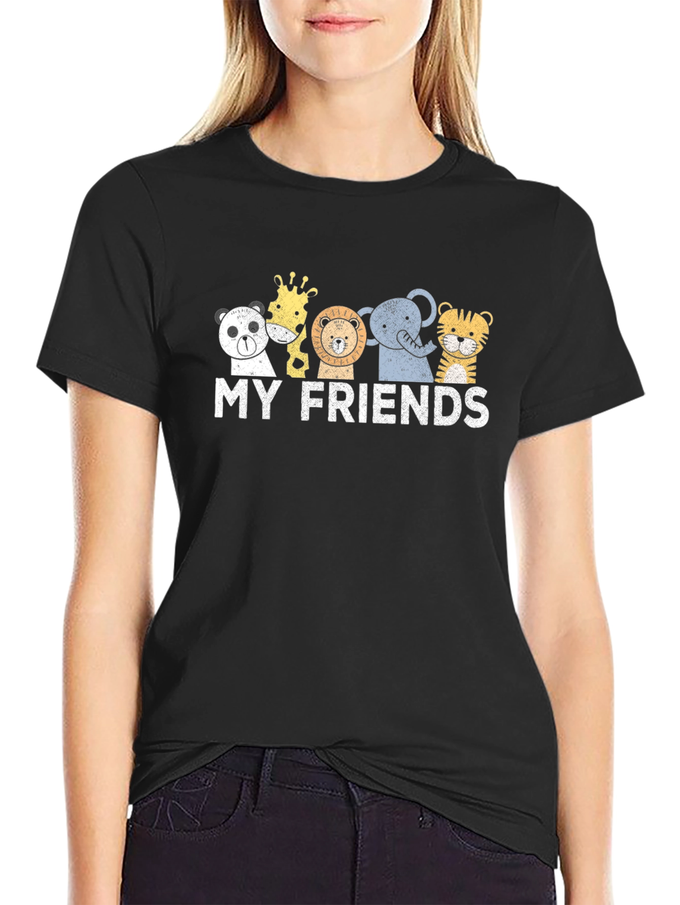 Black Cute Animal Friends Graphic T-Shirt view 2