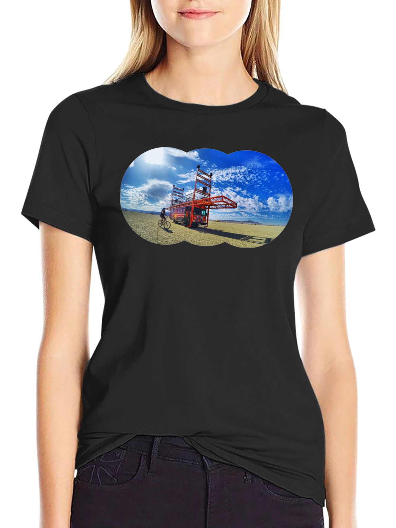 Black Novelty Black T-Shirt with Artistic Desert Scene view 2