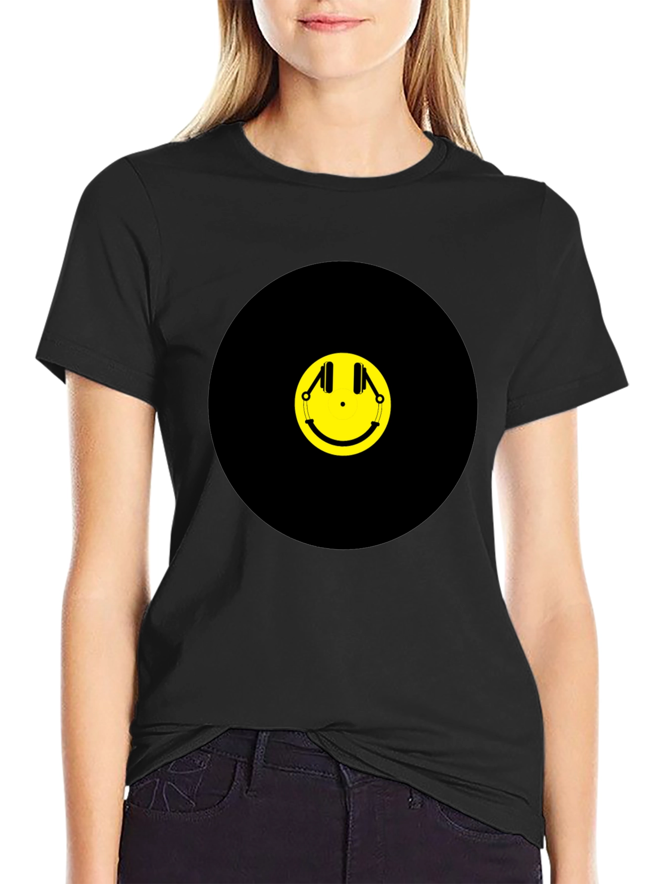 Black Smiley Face Headphones Graphic Tee - Black Cotton T-Shirt view 2
