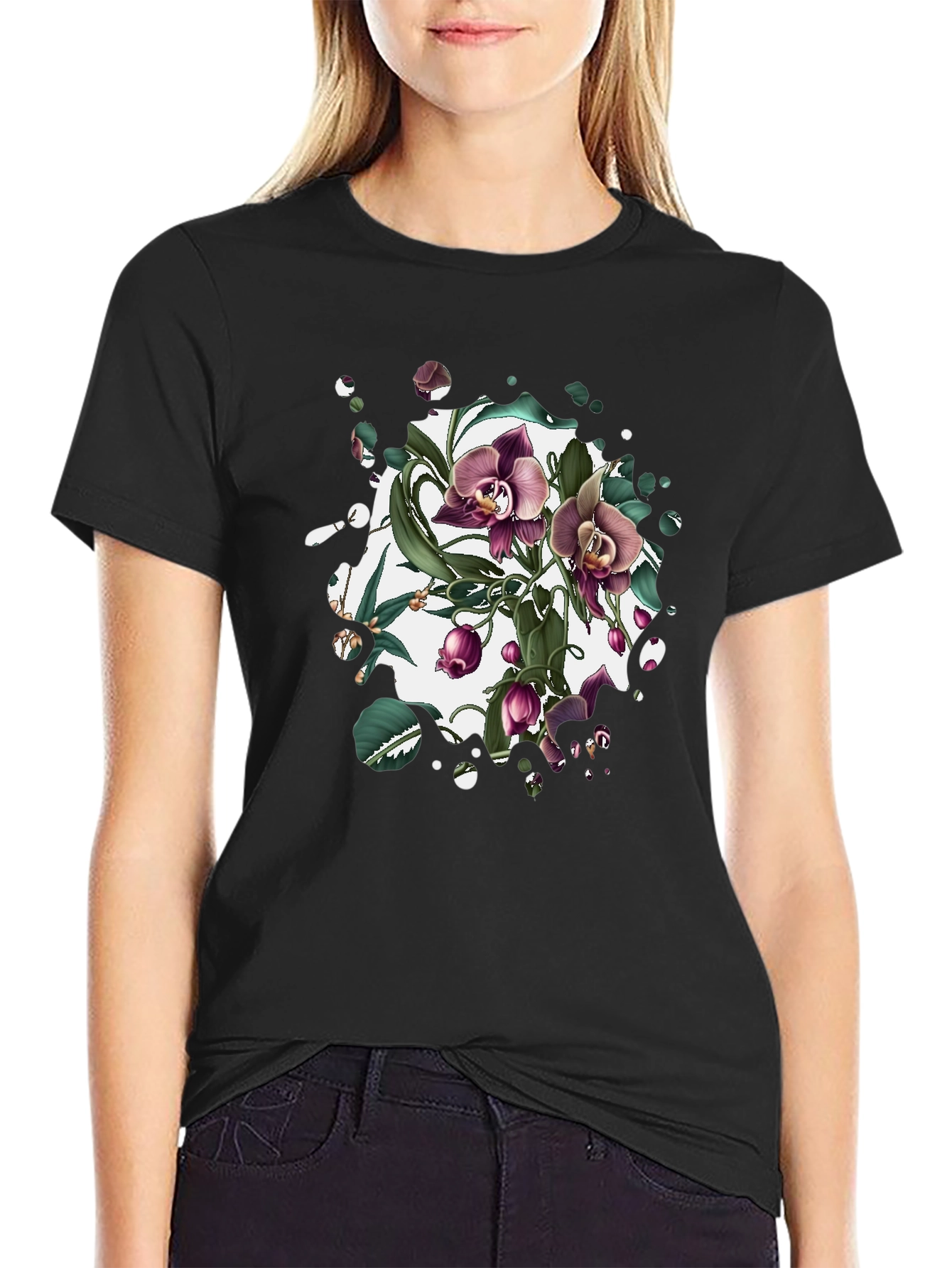 Black Floral Orchid Graphic T-Shirt view 2