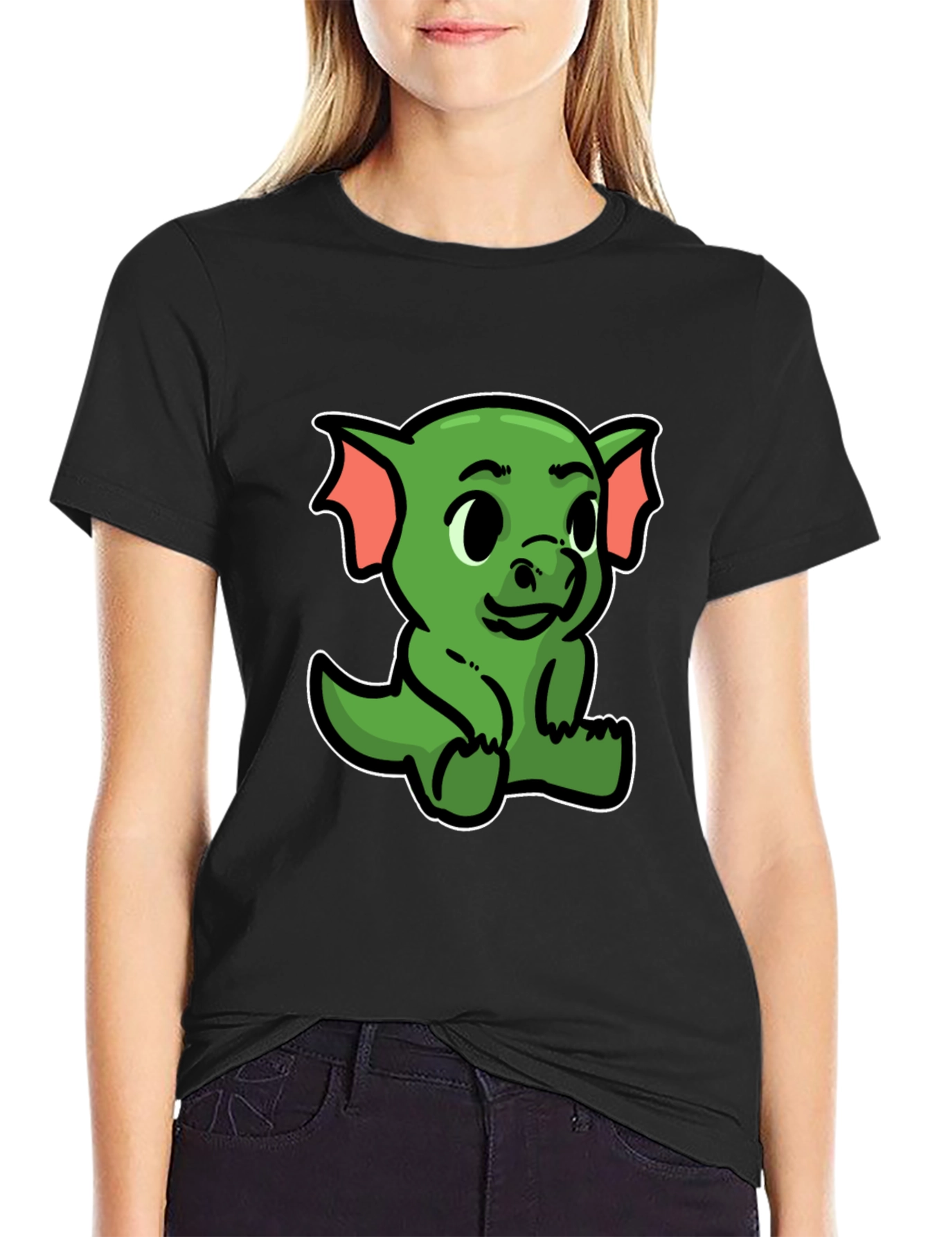 Black Cute Green Dragon Cartoon Black T-Shirt view 2