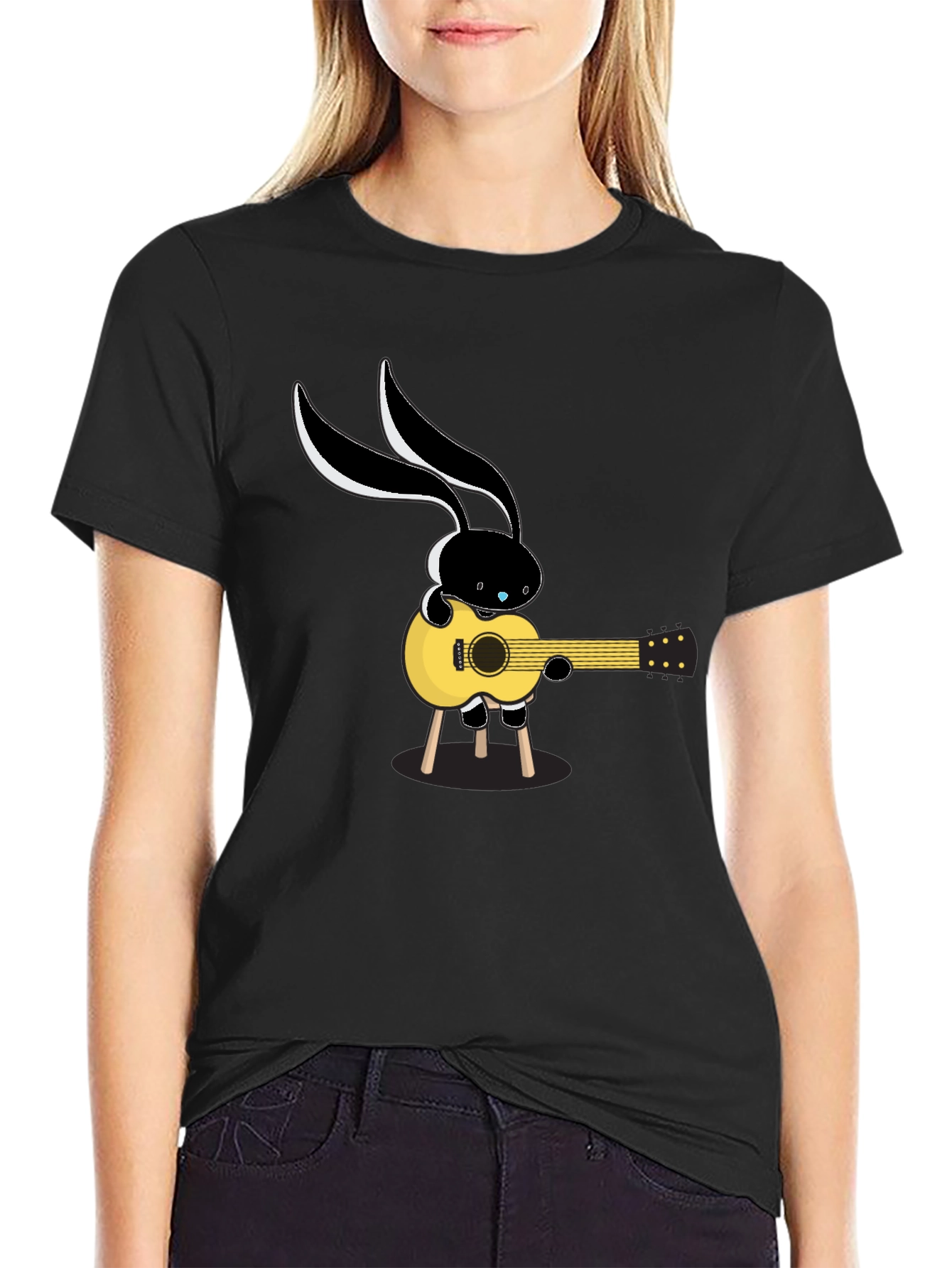 Black Cool Cartoon Bunny Guitarist Black T-Shirt view 2