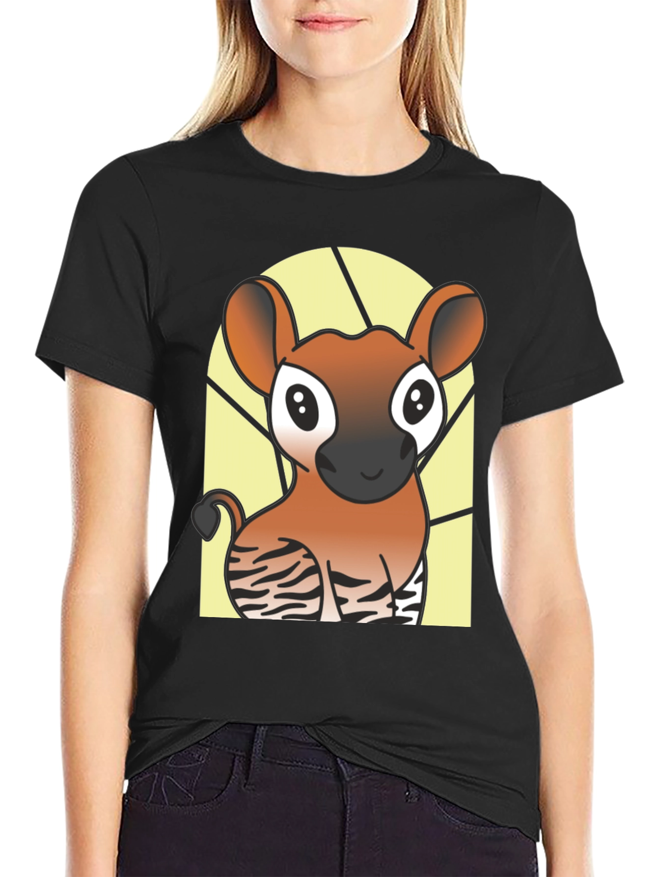 Black Cute Okapi Cartoon Black T-Shirt view 2