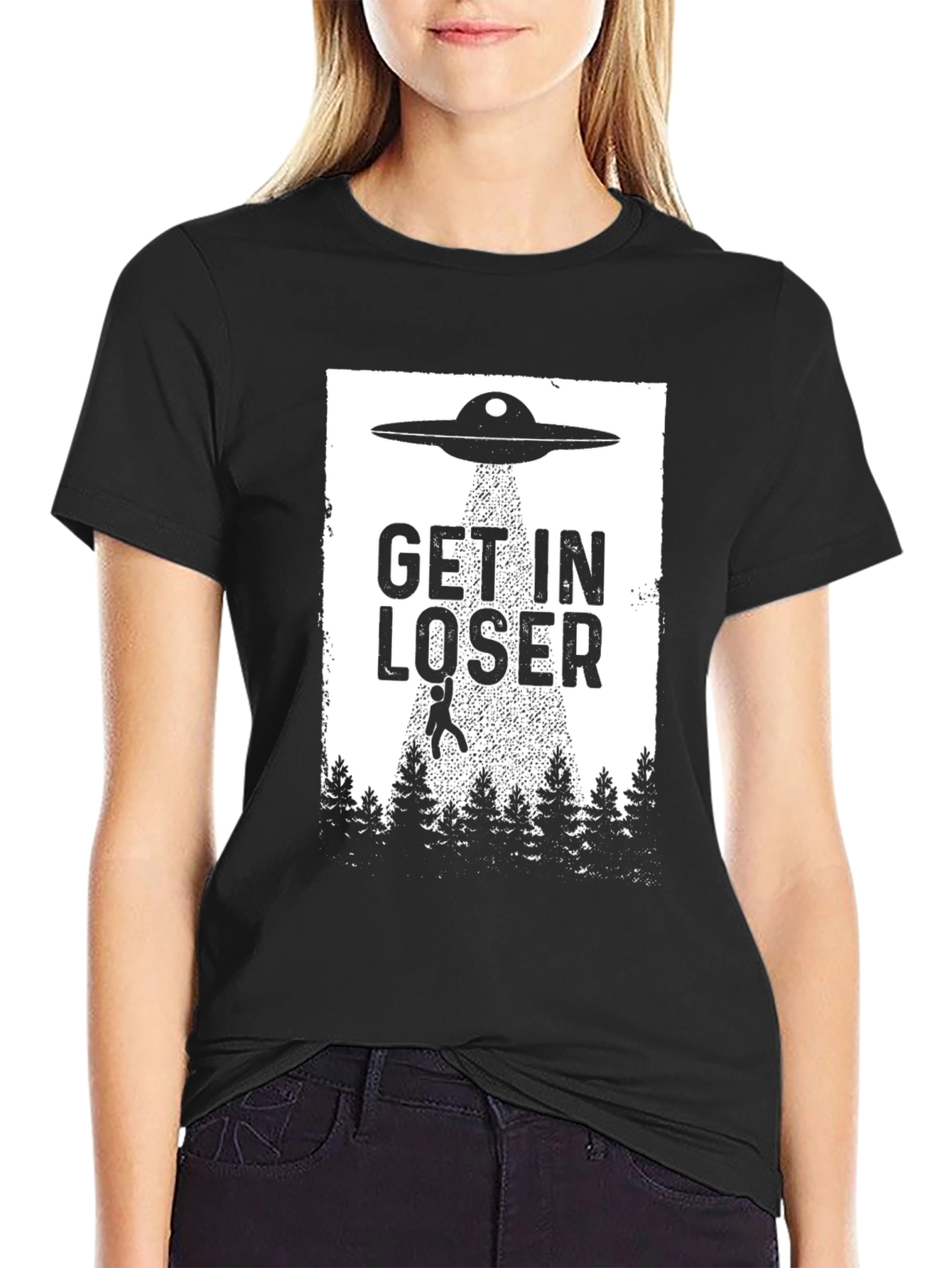 Black Get In Loser UFO T-Shirt - Alien Abduction Humor Tee view 2