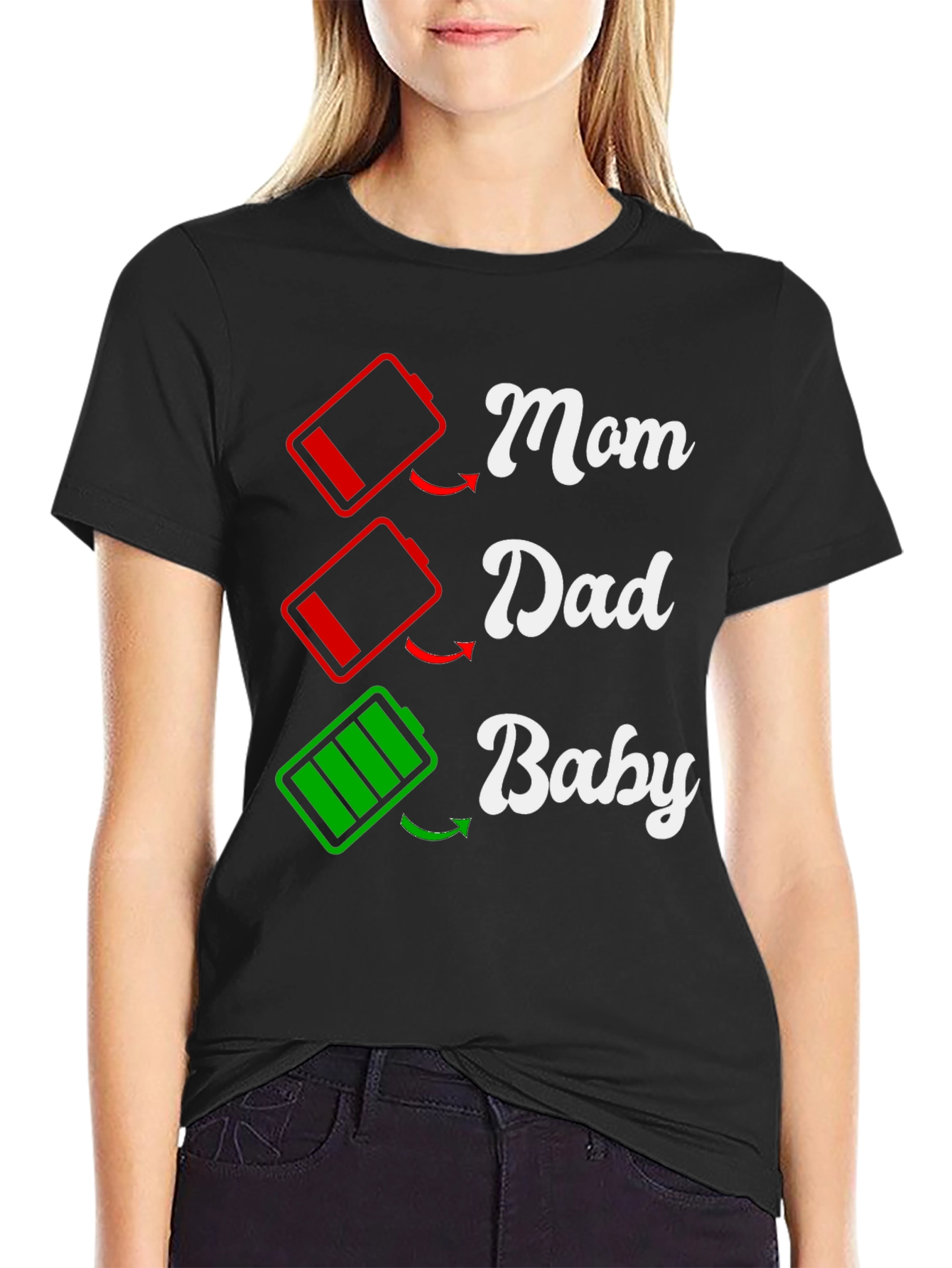 Black Funny Family Matching T-Shirt: Low Battery Mom Dad Baby  view 2
