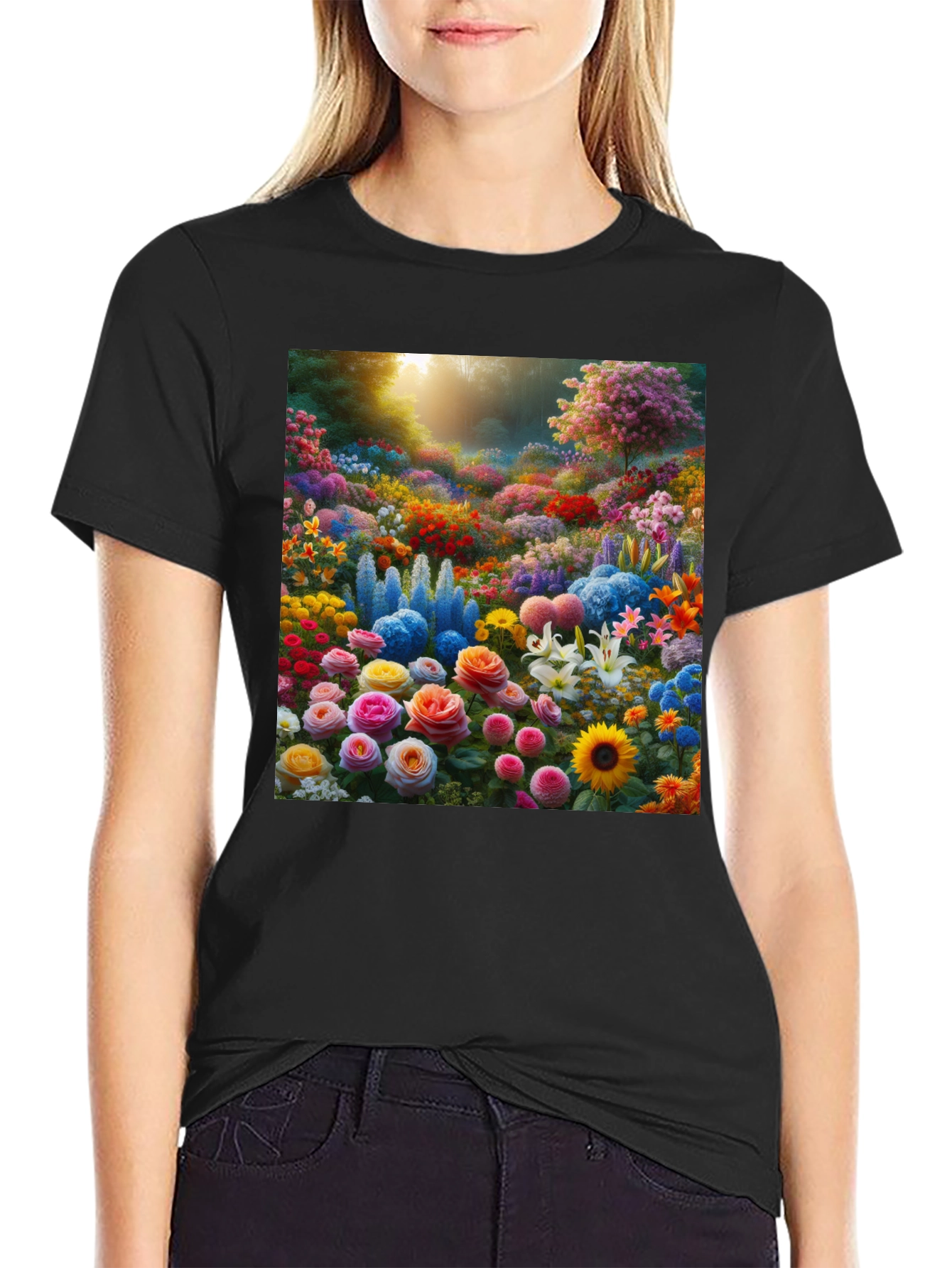 Black Floral Garden Print Crew Neck T-Shirt view 2