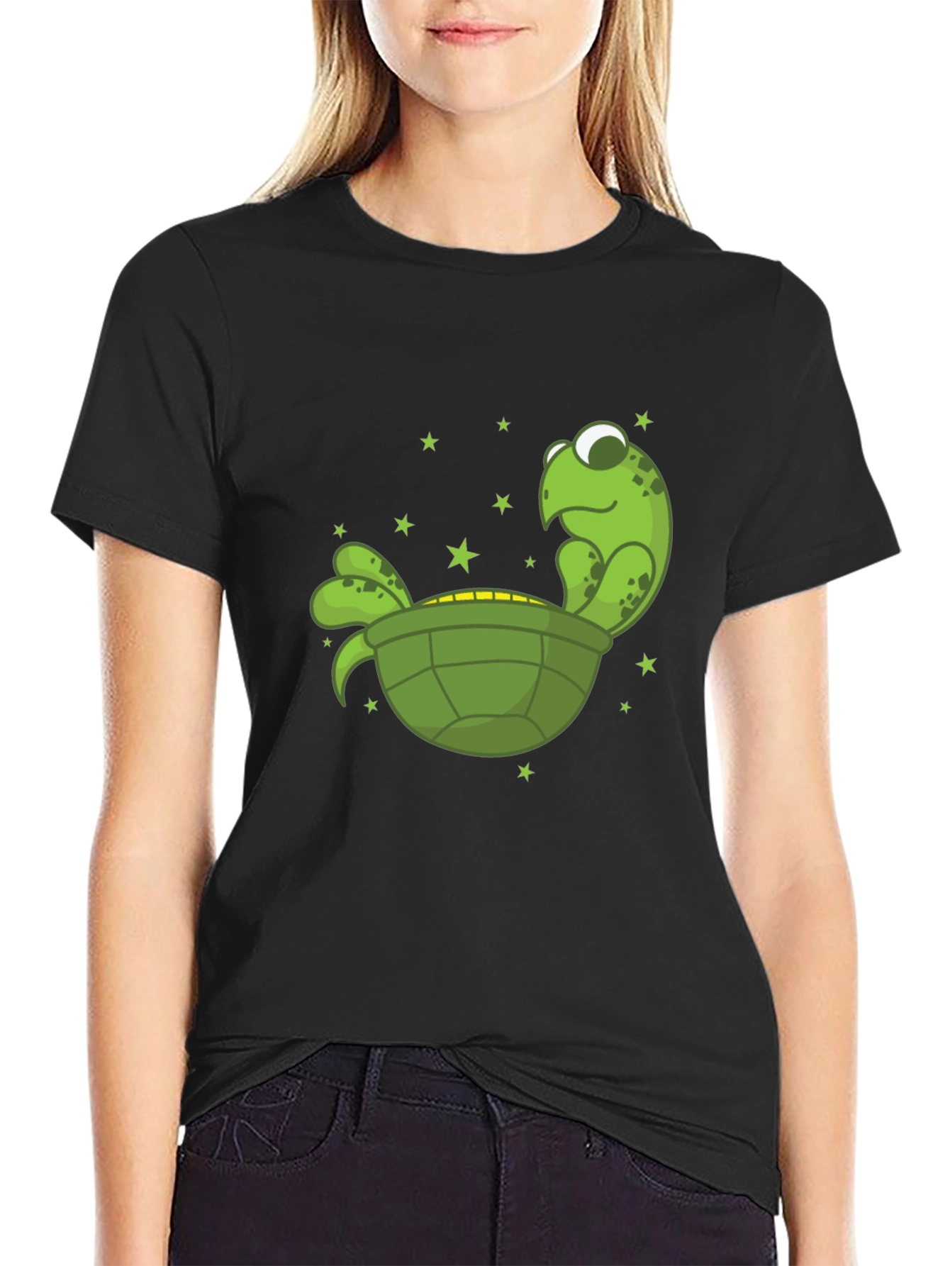 Black Cartoon Turtle Graphic Tee - Unisex Black T-Shirt view 2