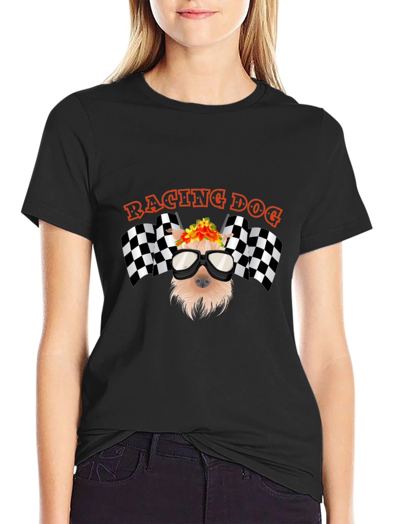 Black Racing Dog Graphic T-Shirt - Black Cotton Tee view 2